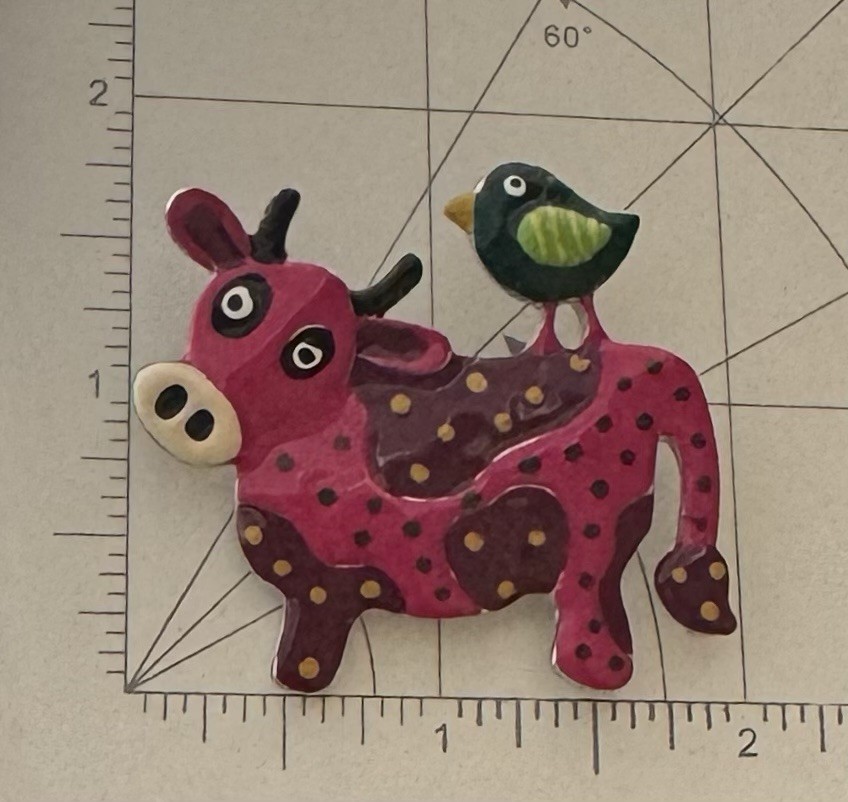 Enamel Cow / bird Brooch Pin / Enamel On Silver Tone Metal