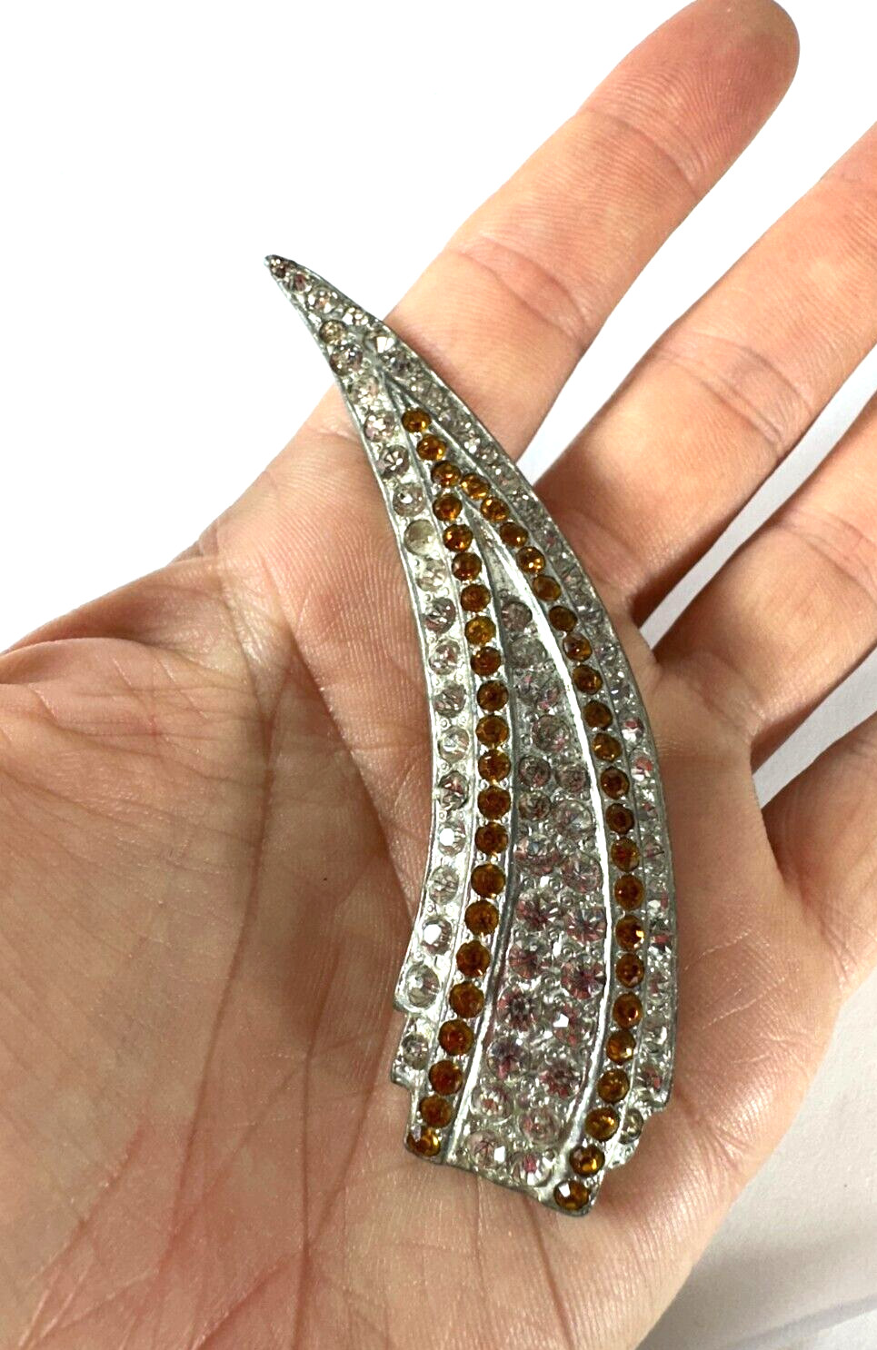 Vintage Brooch Horn Shape Pot Metal Large Clear and Brown MISSING STONES
