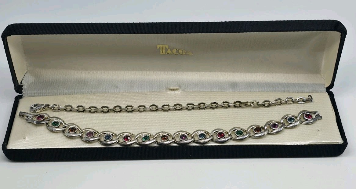 ​Vintage Signed TACOA Multi-Color Rhinestone Link Bracelet in Original Box