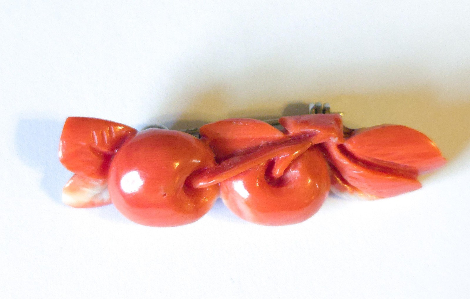 Antique Mediterranean Salmon Coral Hand Carved Cherry Brooch