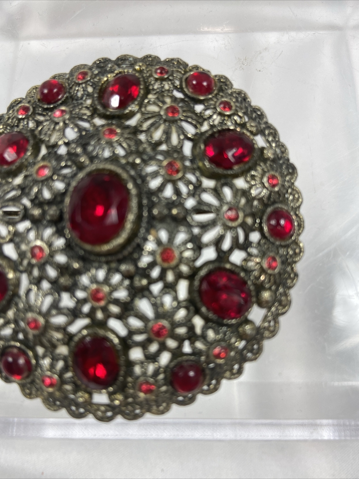 Vintage Brooch New England Glass Works Filigree Red Rhinestones