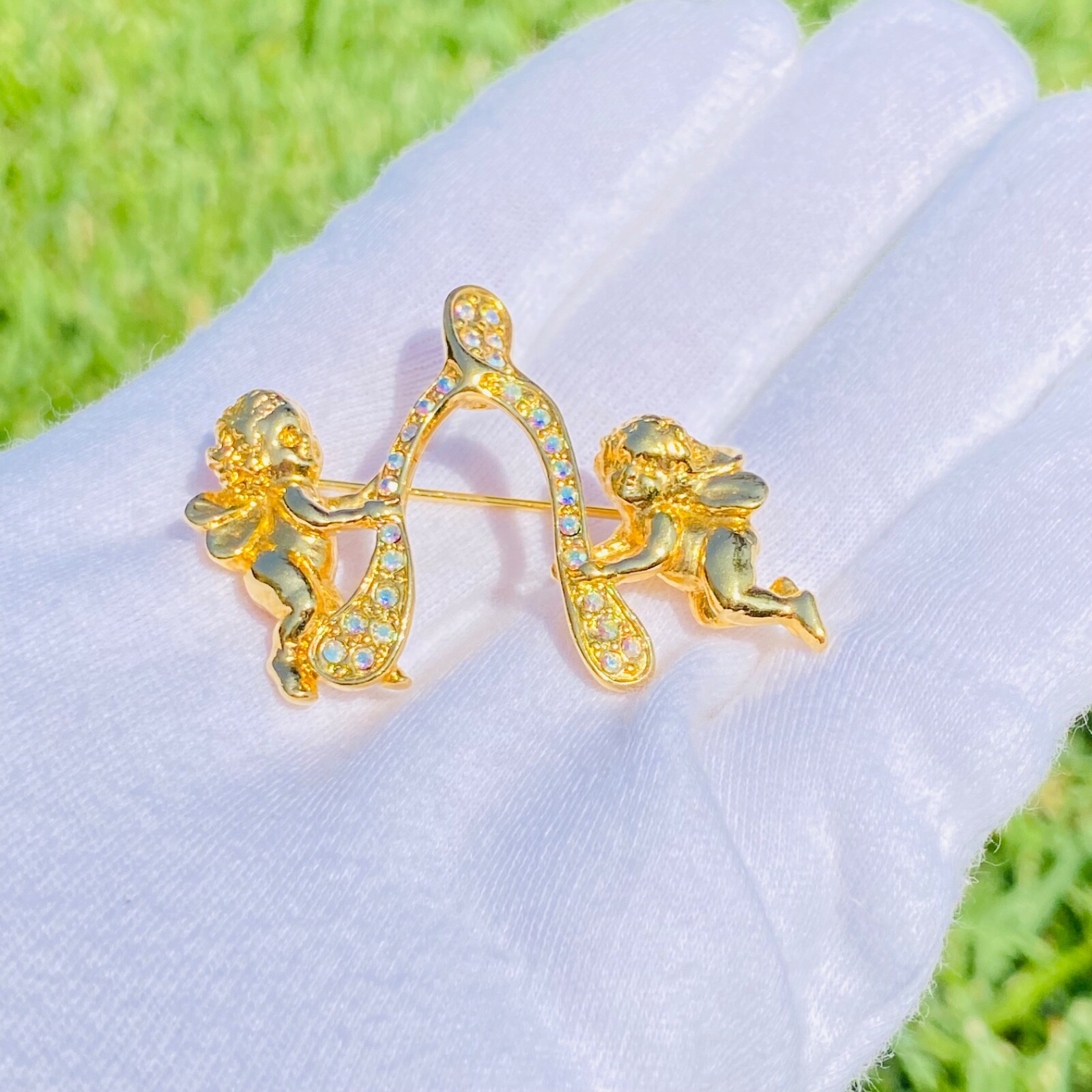 Sparkling Kirk’s Folly Signed Gold Tone Angel Cherub Wishbone Brooch Pin