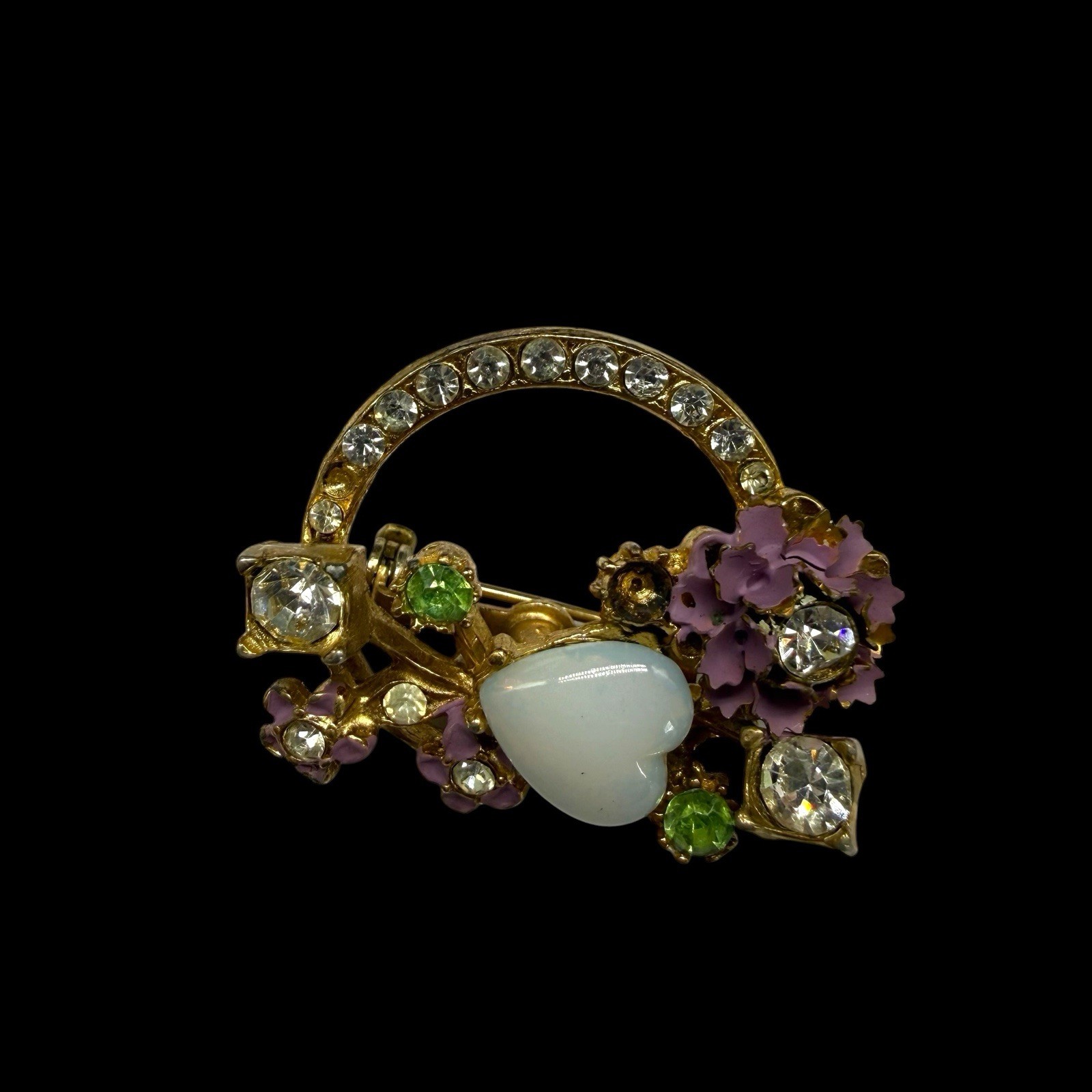 Circle Wreath Enamel Flower Opalescent Heart Rhinestone Pin Brooch As Is 1960s