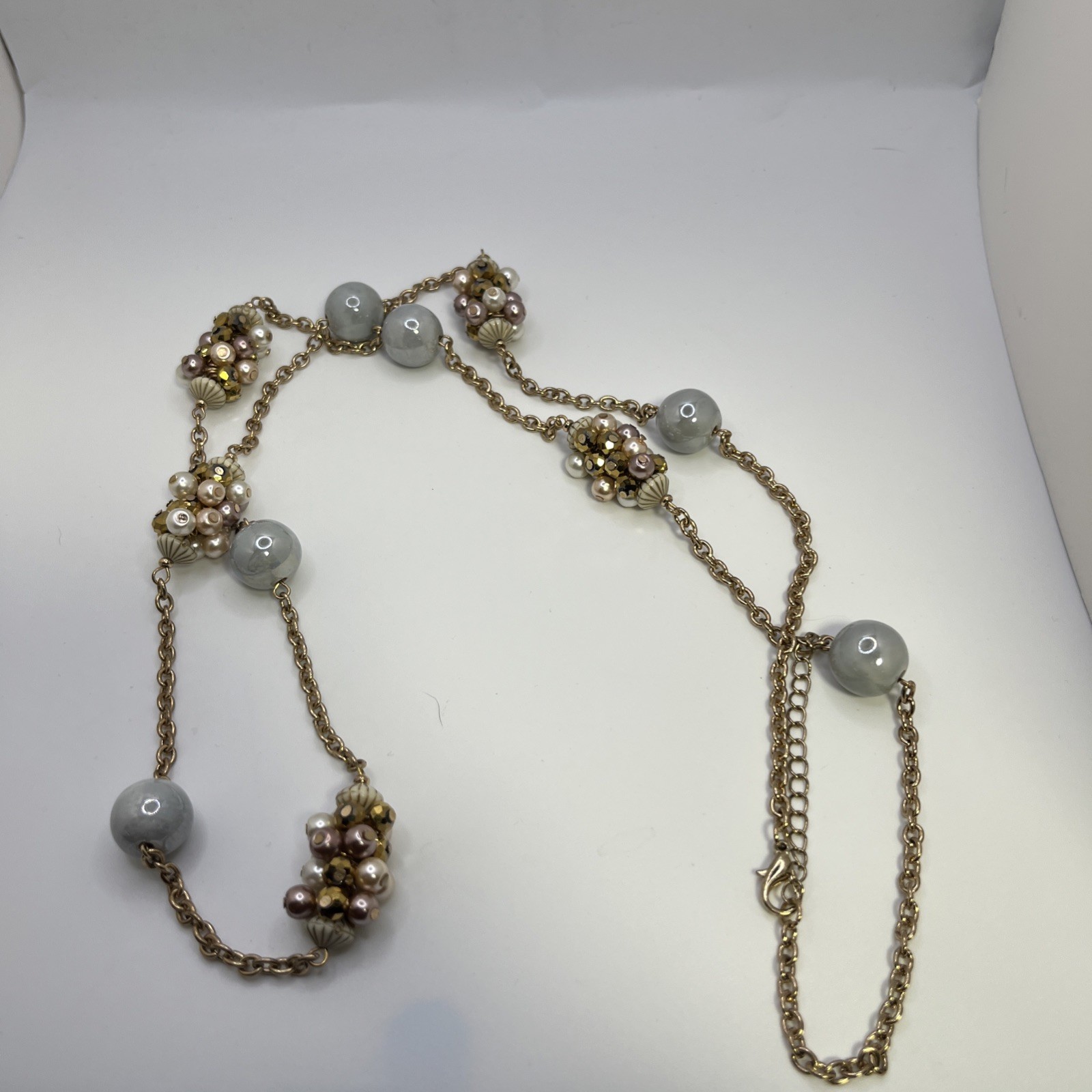 Vintage Glass Bead Puff Long Necklace Ivory Champagne Rose And Gold Tones 37-44”