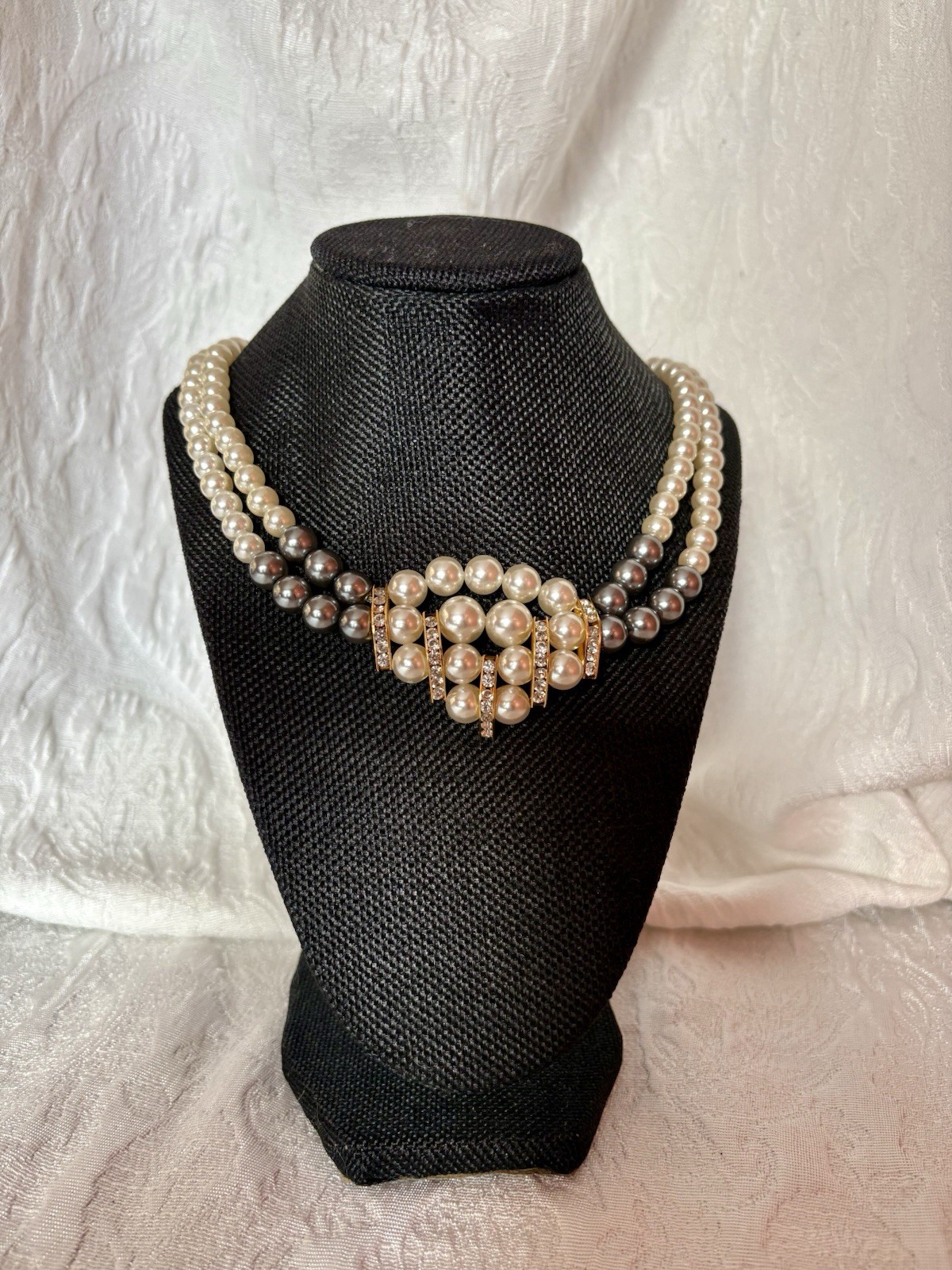 Vintage Double Strand White And Gray Pearl Necklace With Rhinestones- G Silver