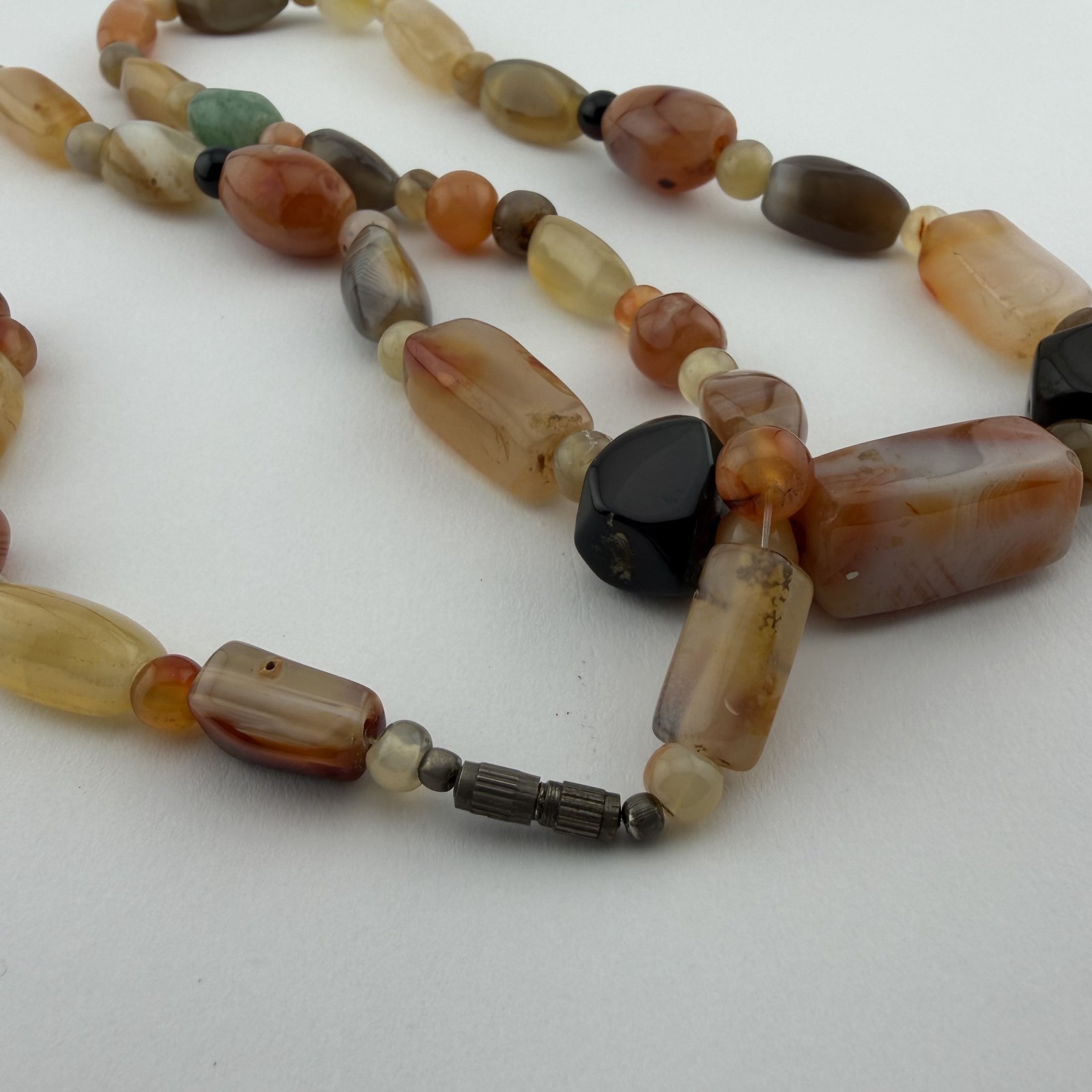 Vintage Beggar Beads Mixed Banded Agate Carnelian Stone Necklace Earthy Boho 17″