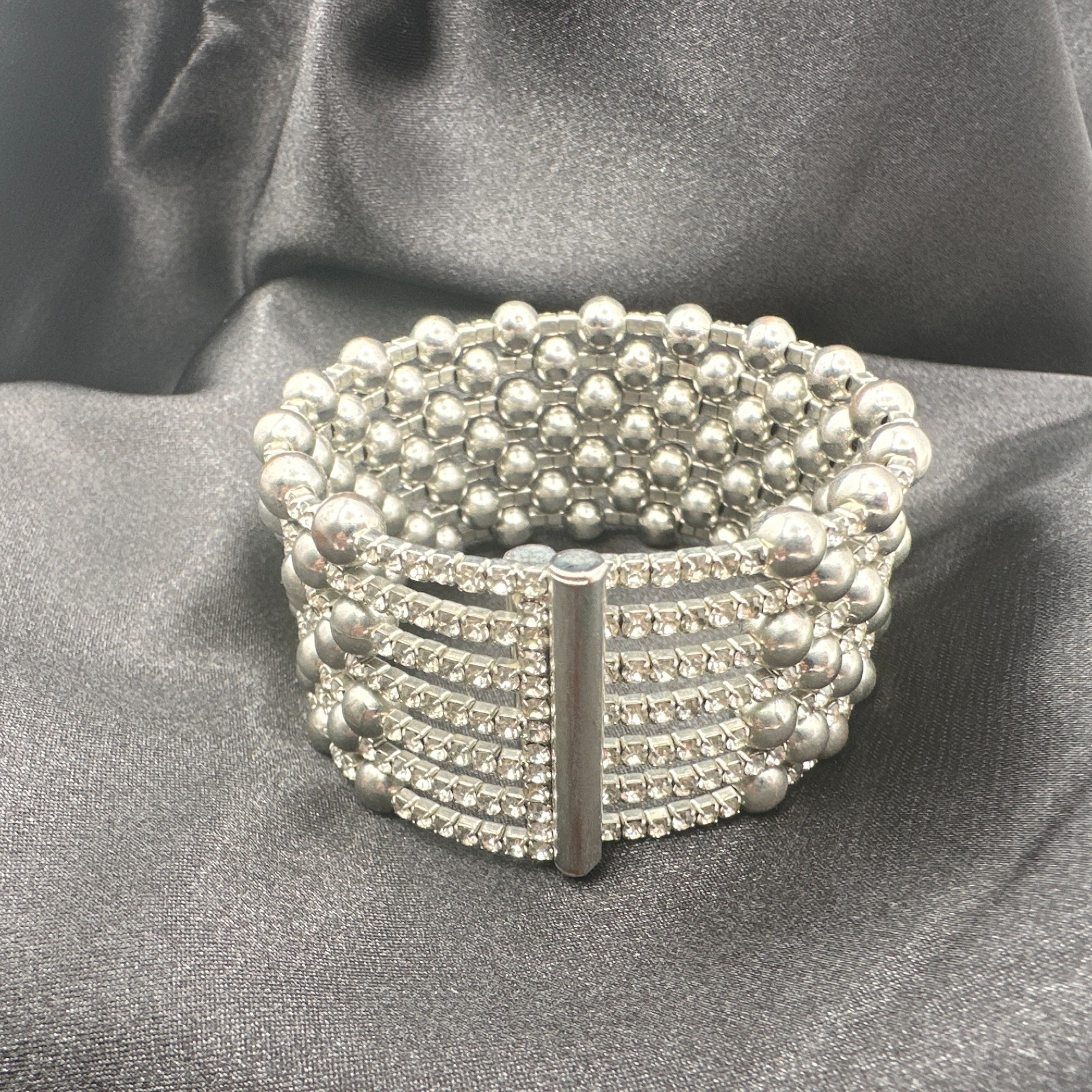 Vintage 90s Silver Tone Multi Row Bead Clear Glass Wide Cuff Statement Bracelet