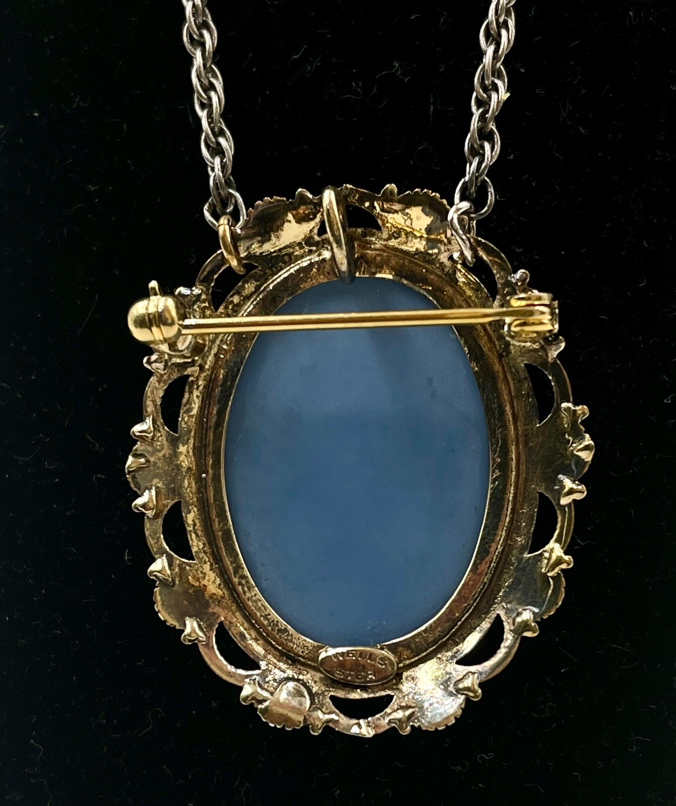SET DEMI-PARURE BRACELET BROOCH PENDANT CHAIN CAMEO BLU PORCELAIN STERLING SLVER