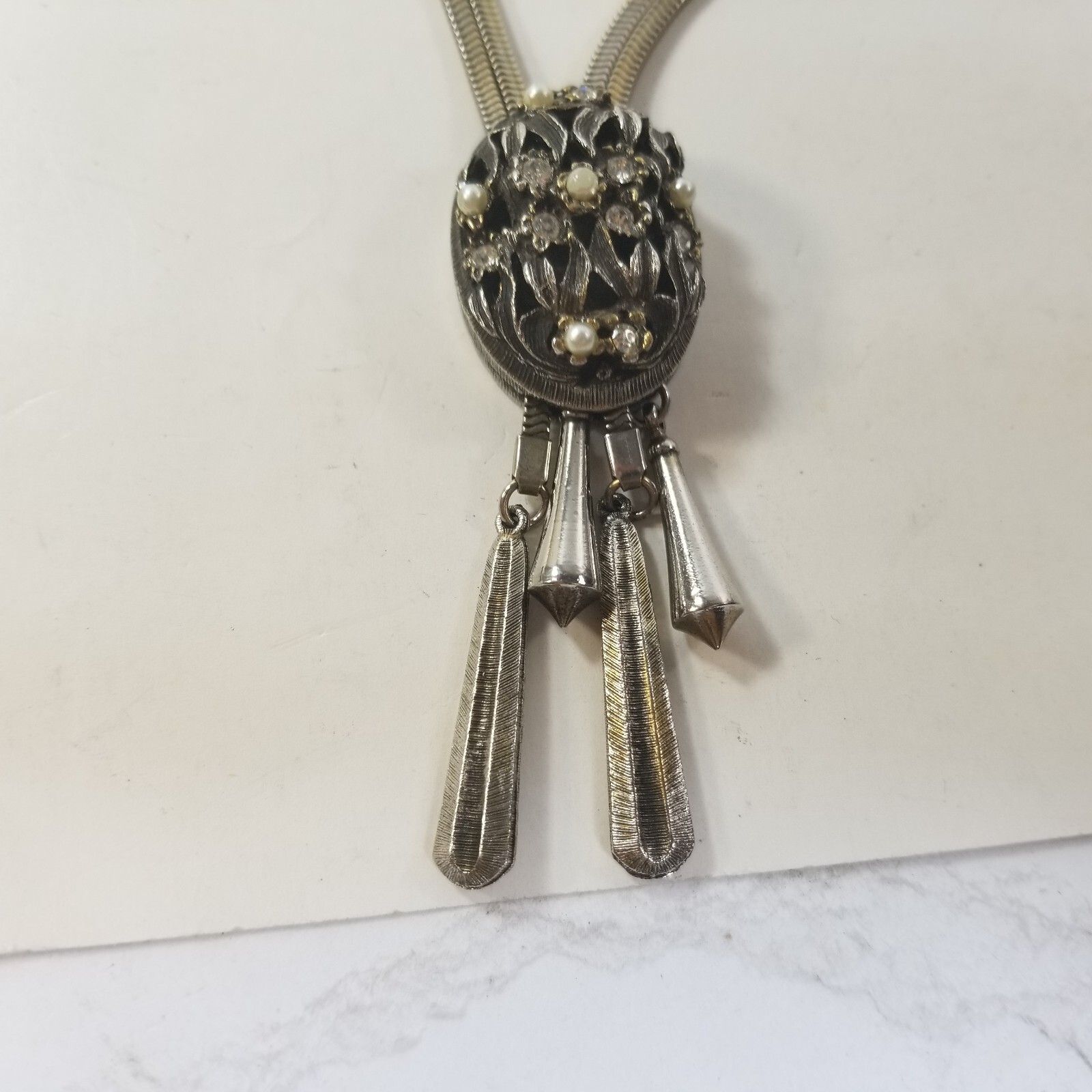 Vintage Silver Tone Rhinestone Oval Slide Pendant Necklace Lariat Bolo