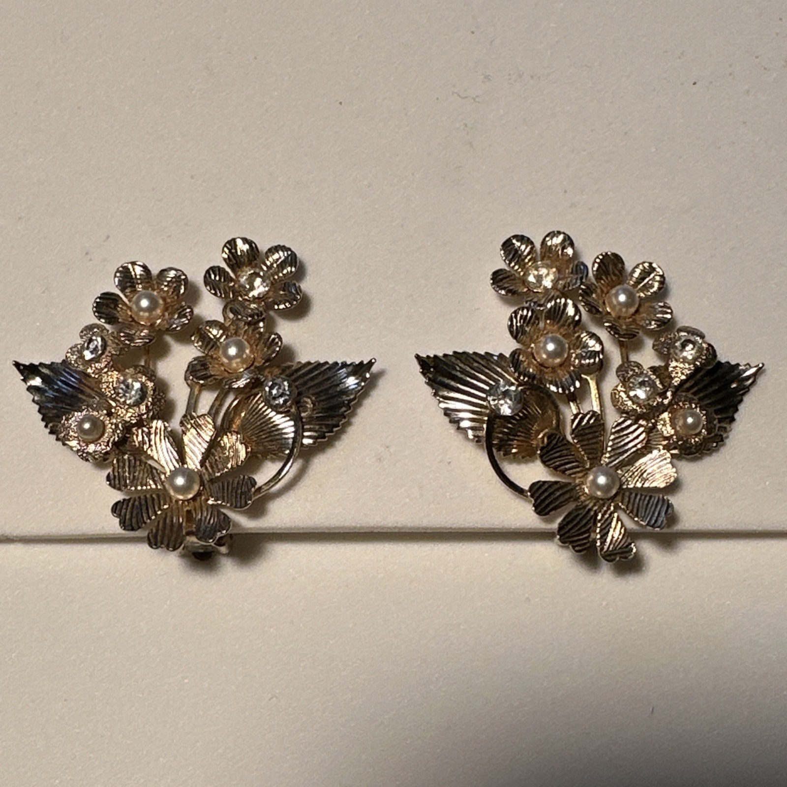 Vintage MCM Coro Clip On Earrings Gold Tone Floral Cluster Faux Pearl Rhinestone