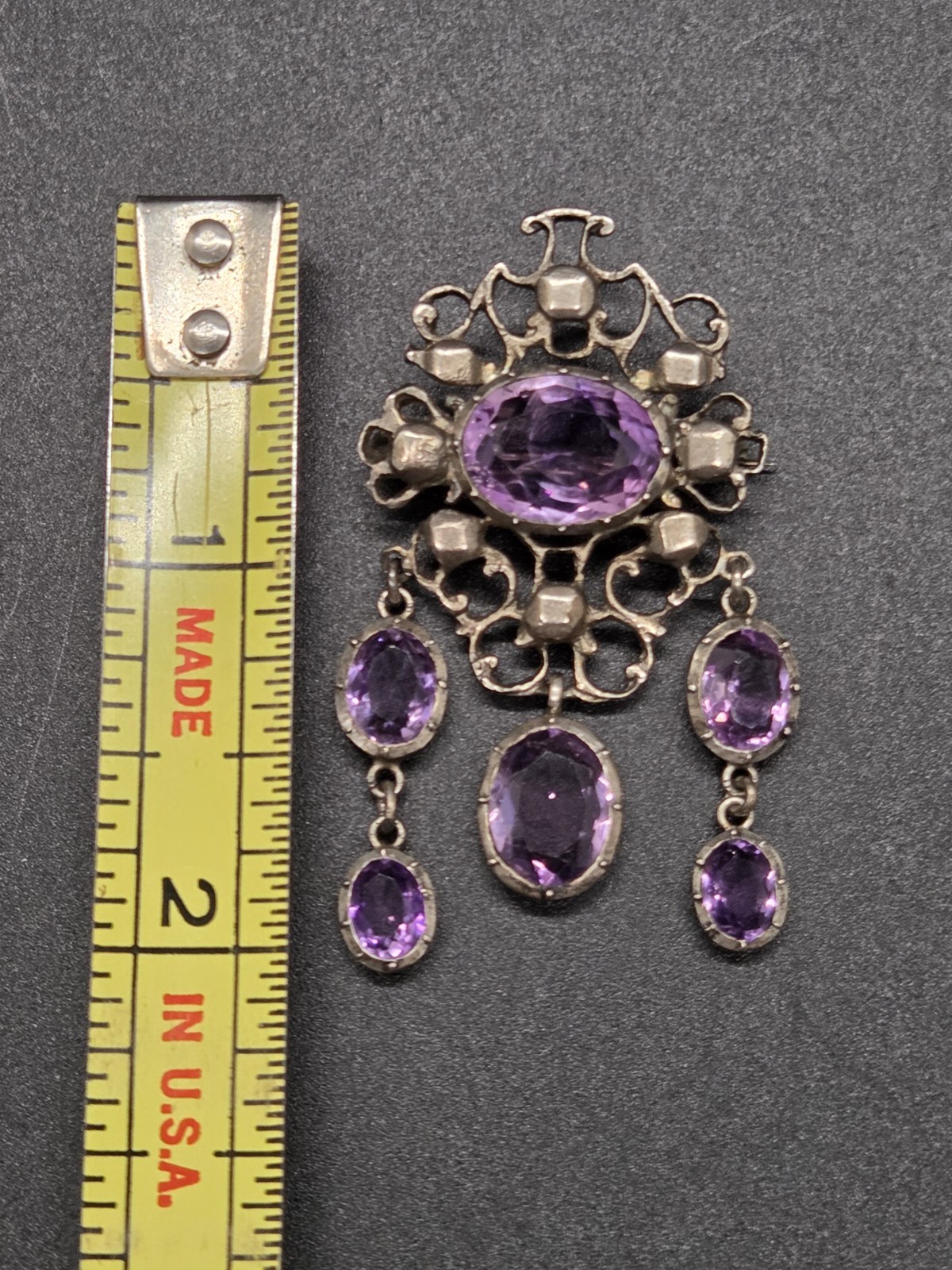 Antique Victorian Sterling Silver Purple Amethyst Dangle Brooch Festoon Pin OOAK