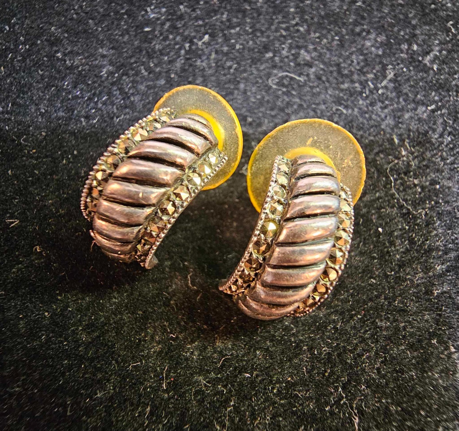 Vtg Sterling Slver Hoop Stud Earrings w/ Marcasite Rope Design-Tested- S9