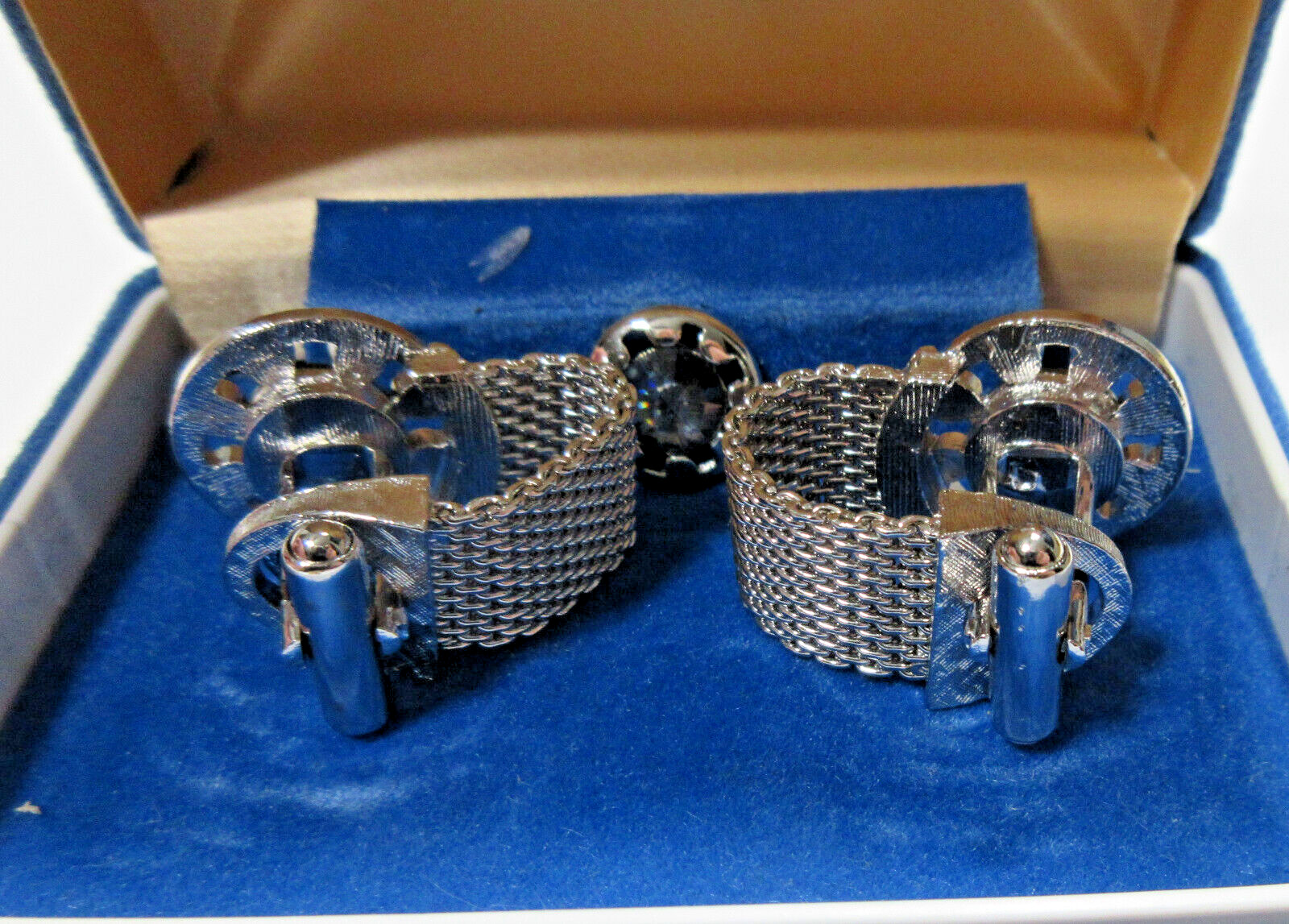 VTG SWANK mesh WRAP Men SET Cuflink Lapel Tie tac pin Blu Rhinestone Silver Tone