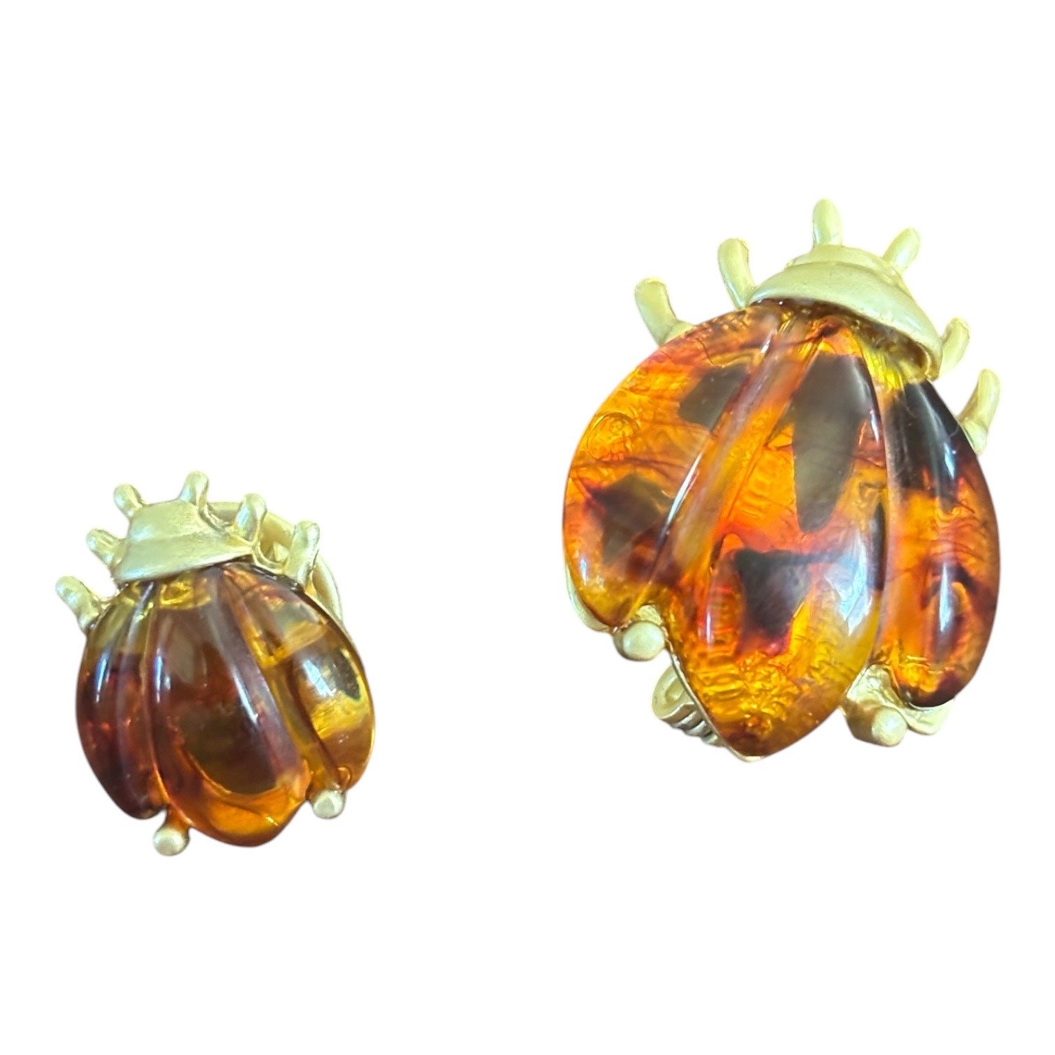 Honey Amber Ladybug Brooch & Pin Set Lucite Beetle Bug 80s Gold Tone