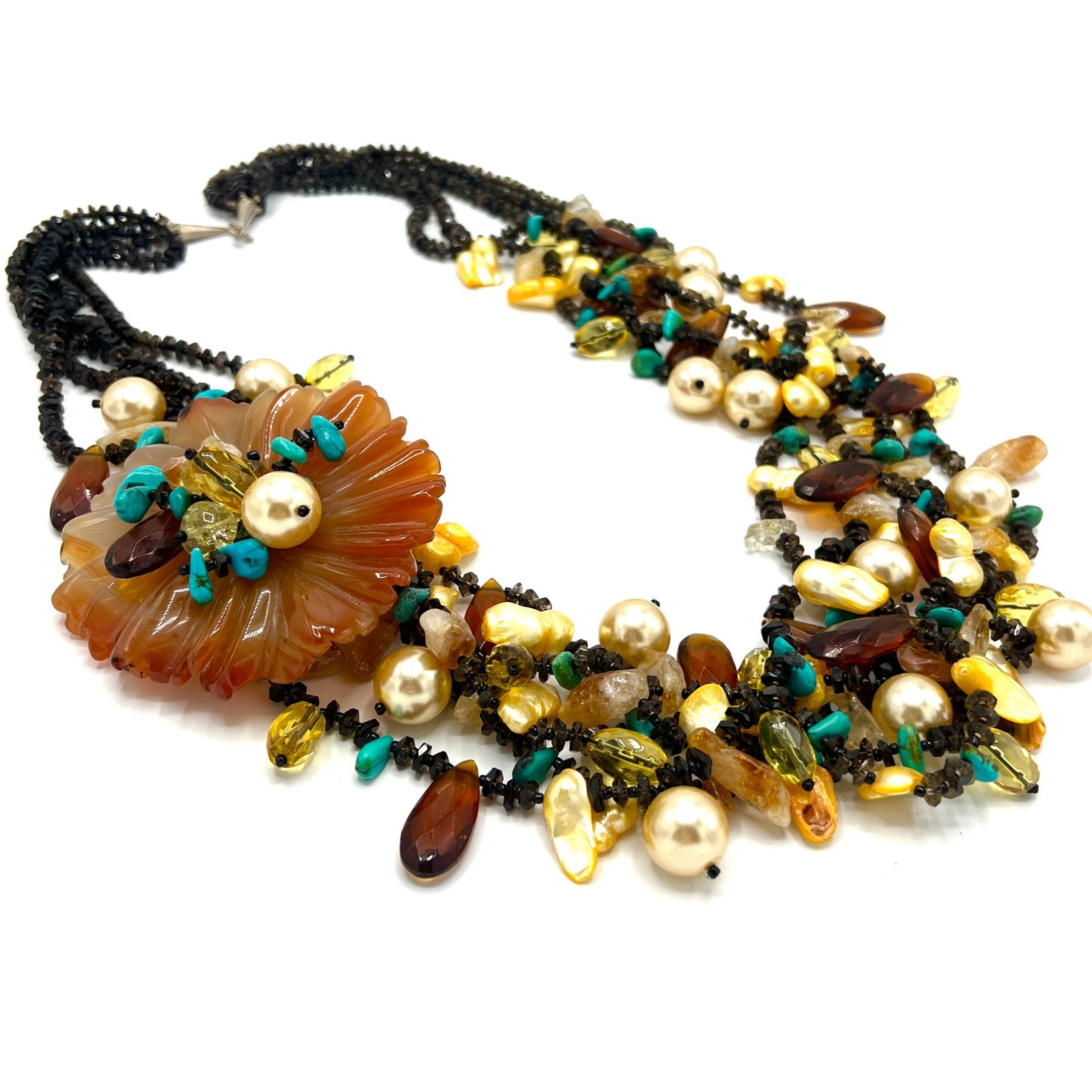 Vintage Artisan Multi Strand Necklace Carved Carnelian Flower Freshwater Pearls