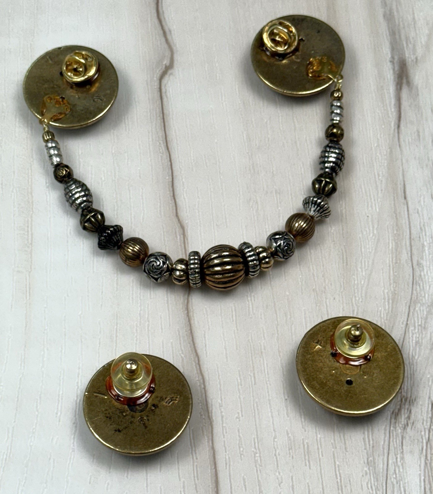 VTG 3pc JEWELRY SET Chain Brooch & Dome Stud Earrings Etched Goldtone Beads Boho