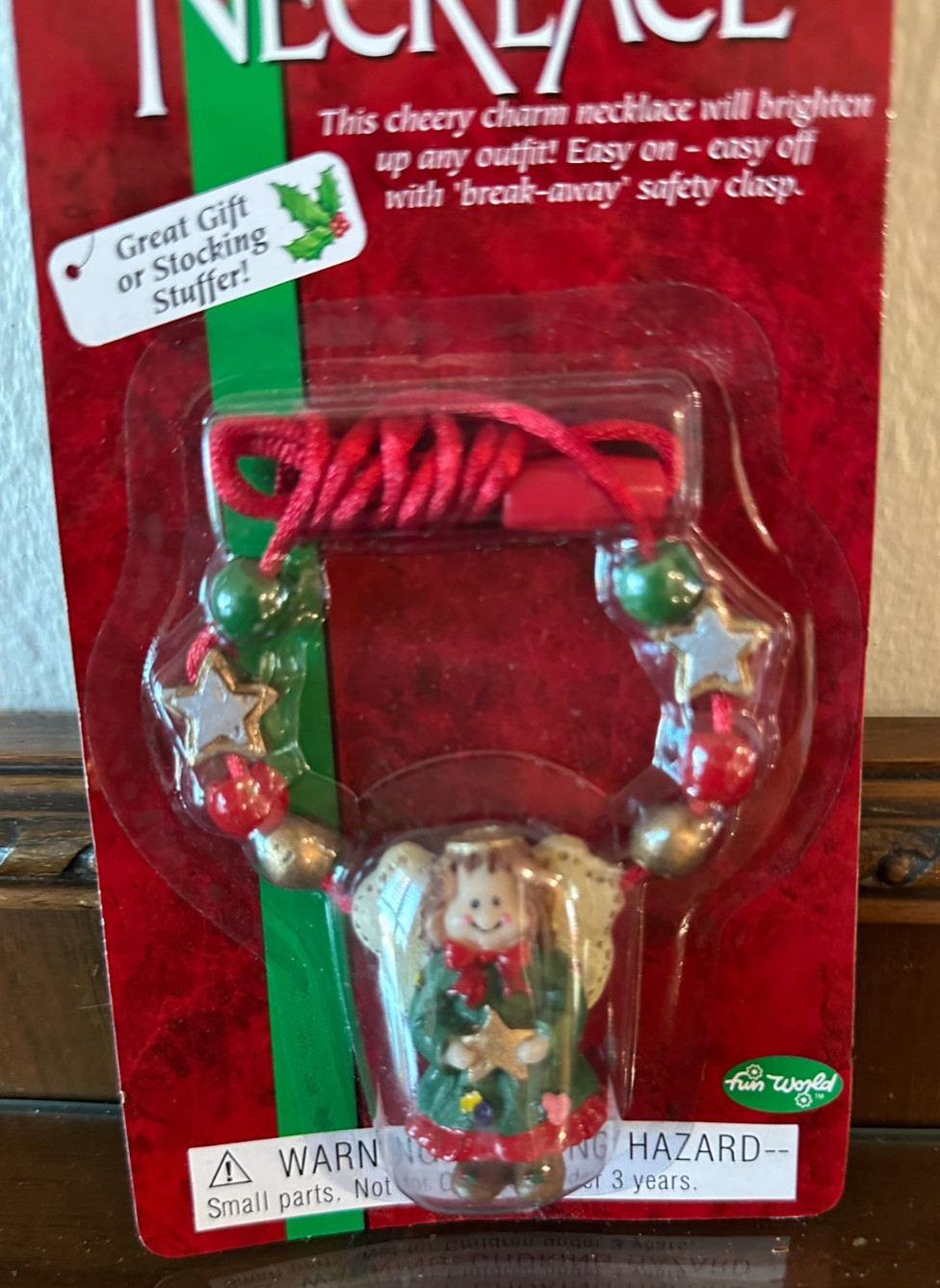 Vintage 90s Fun World Wood Look Santa Moon Necklace Christmas Holiday