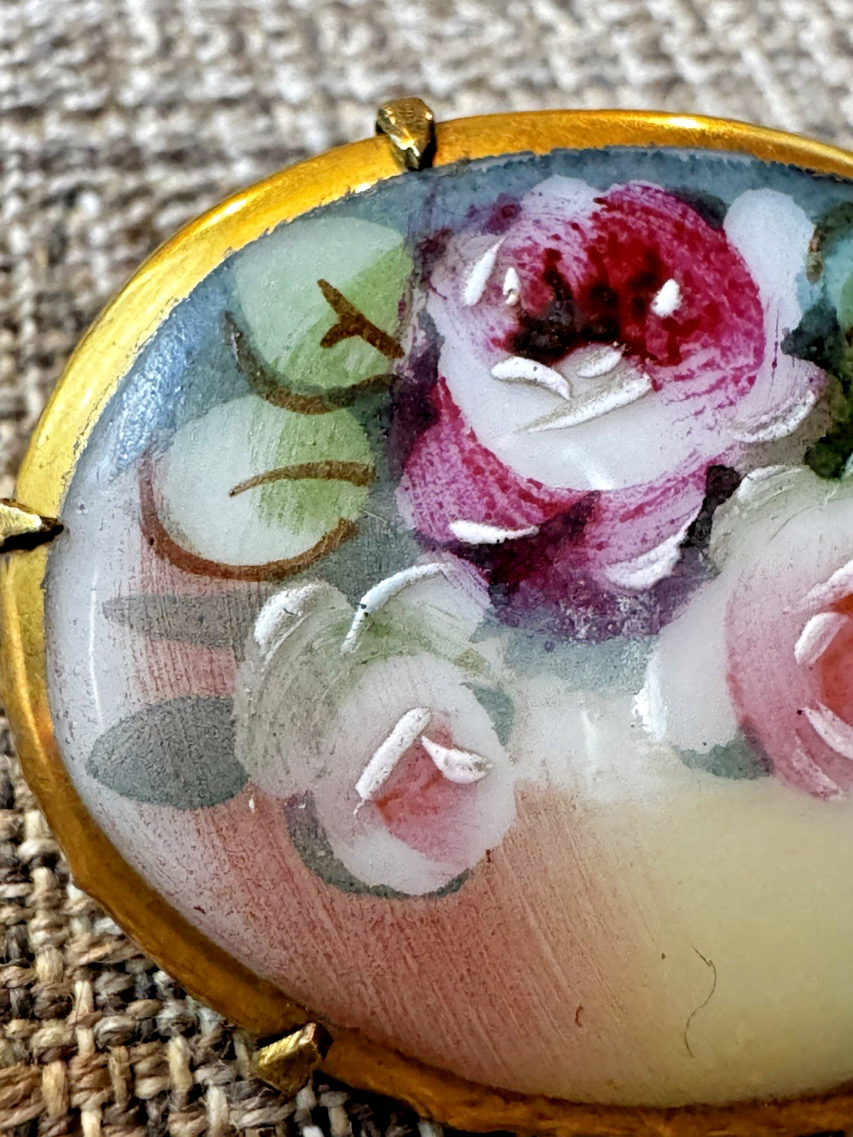 Vintage Victorian Style Hand Painted Floral Bouquet Porcelain Pin Brooch Roses