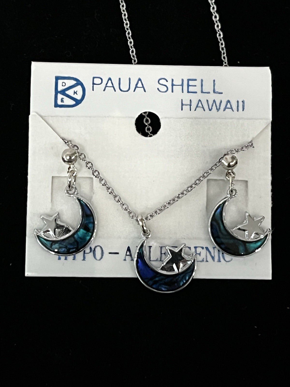 Vintage Paua Shell Hawaii Bohemian Boho Blue Moon Pendant Necklace Earring Set