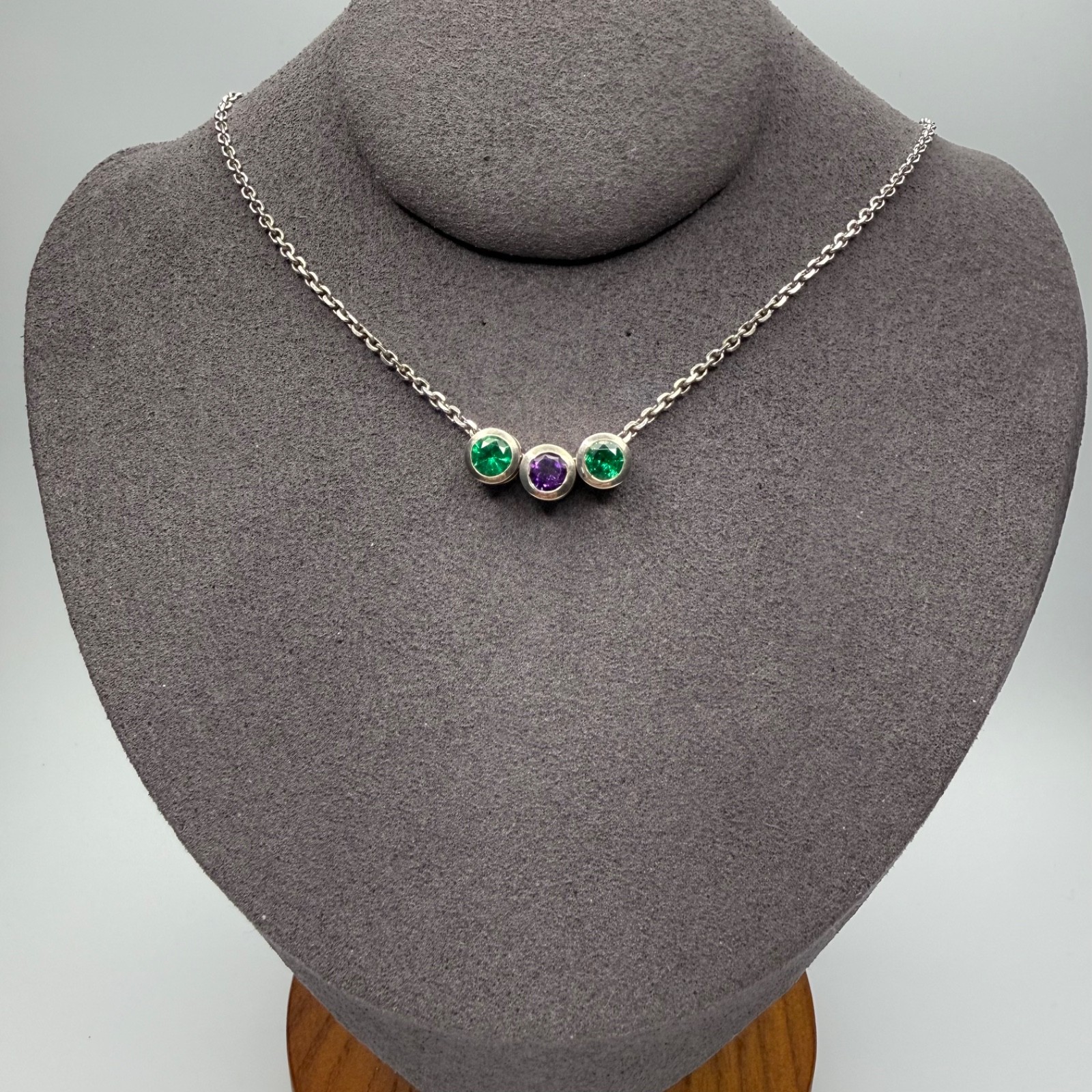 Vintage Sterling Silver 3 Stone Sliding Bezel Station Necklace Green & Purple CZ
