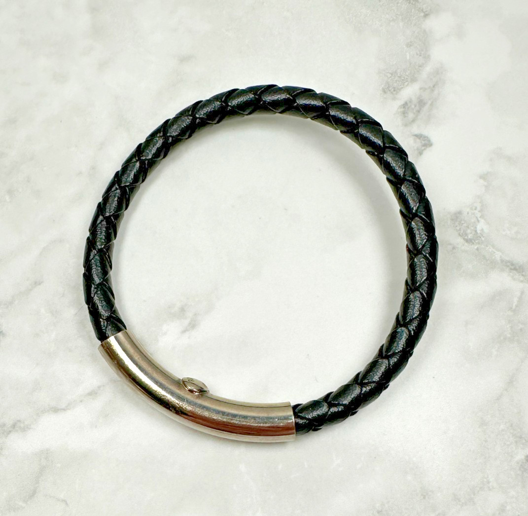 Robert Rose Black Braided Leather Cord Bracelet with Silver Tone Accent – 7.5″