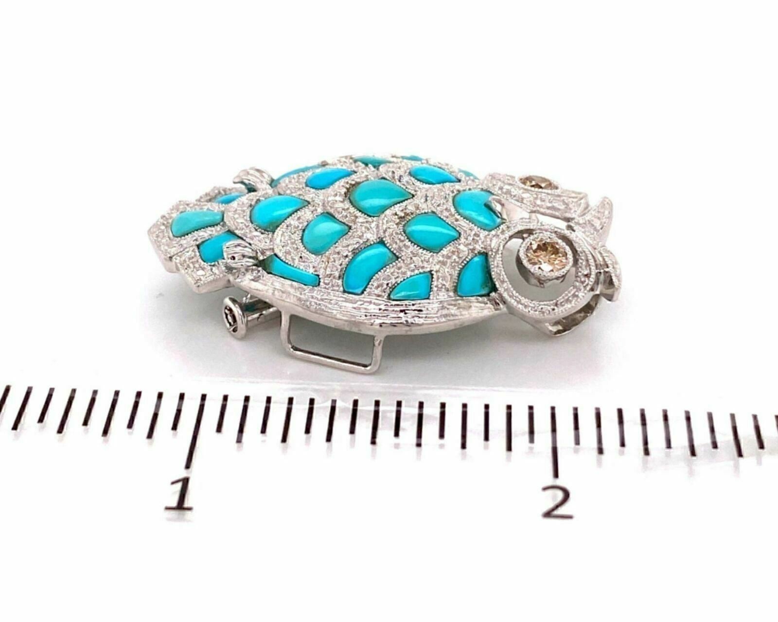 Champagne Diamond Turquoise Owl 18k White Gold Brooch Pendant