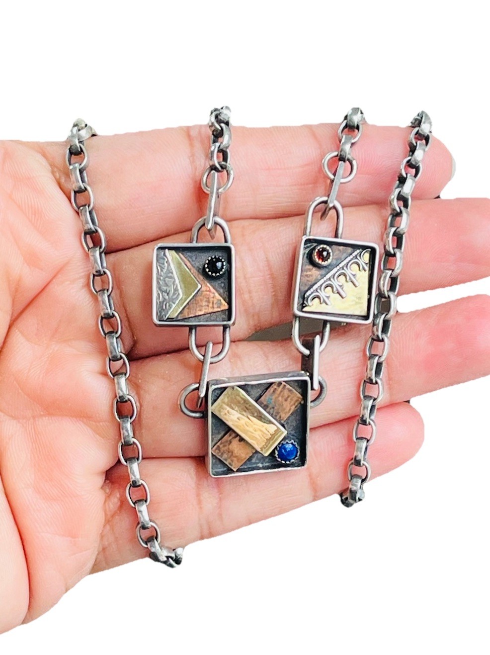 Vintage Signed Modernist Mixed Metal Sterling Silver Stone Link Necklace 32Grams
