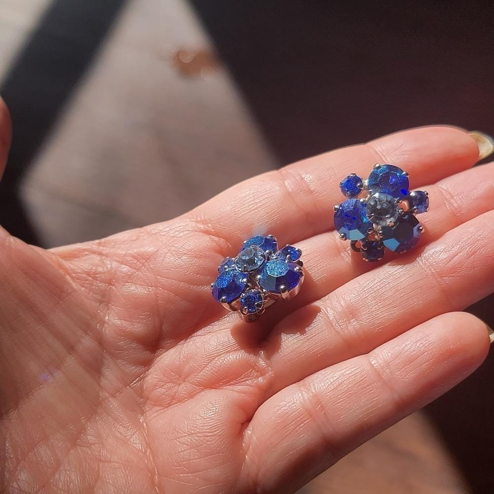 Vintage Sherman Blue Swarovski Crystal & Rhodium Clip Earrings
