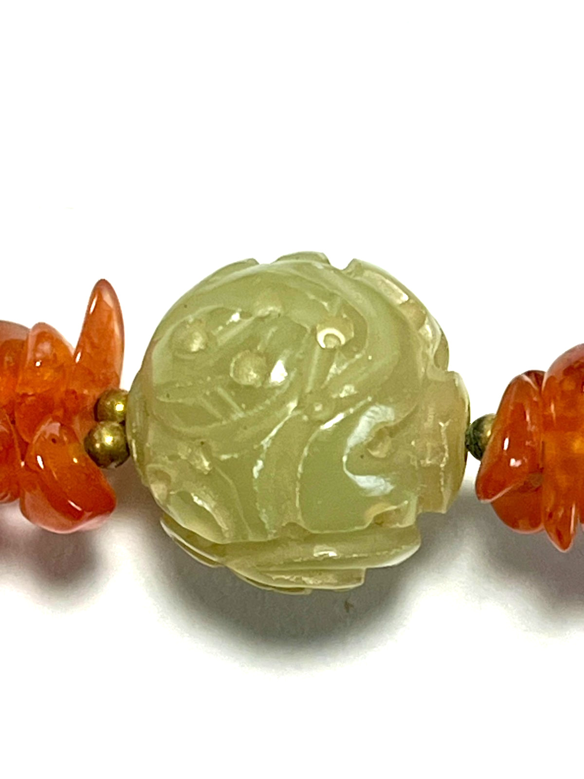 VTG Chinese Carved Jade Balls, Tiger’s Eye, Cloisonne & Carnelian Stone Necklace