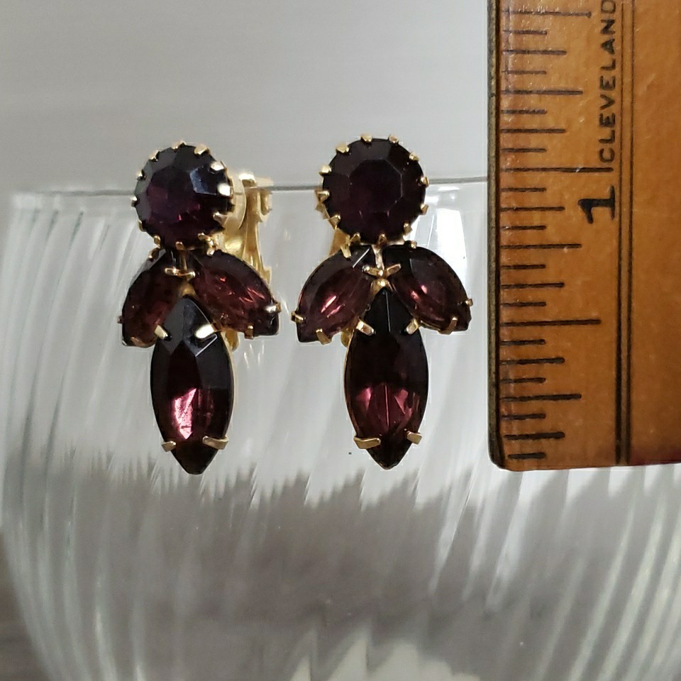 Vintage Purple Cluster Navette Prong Earrings Clip On Gold Tone