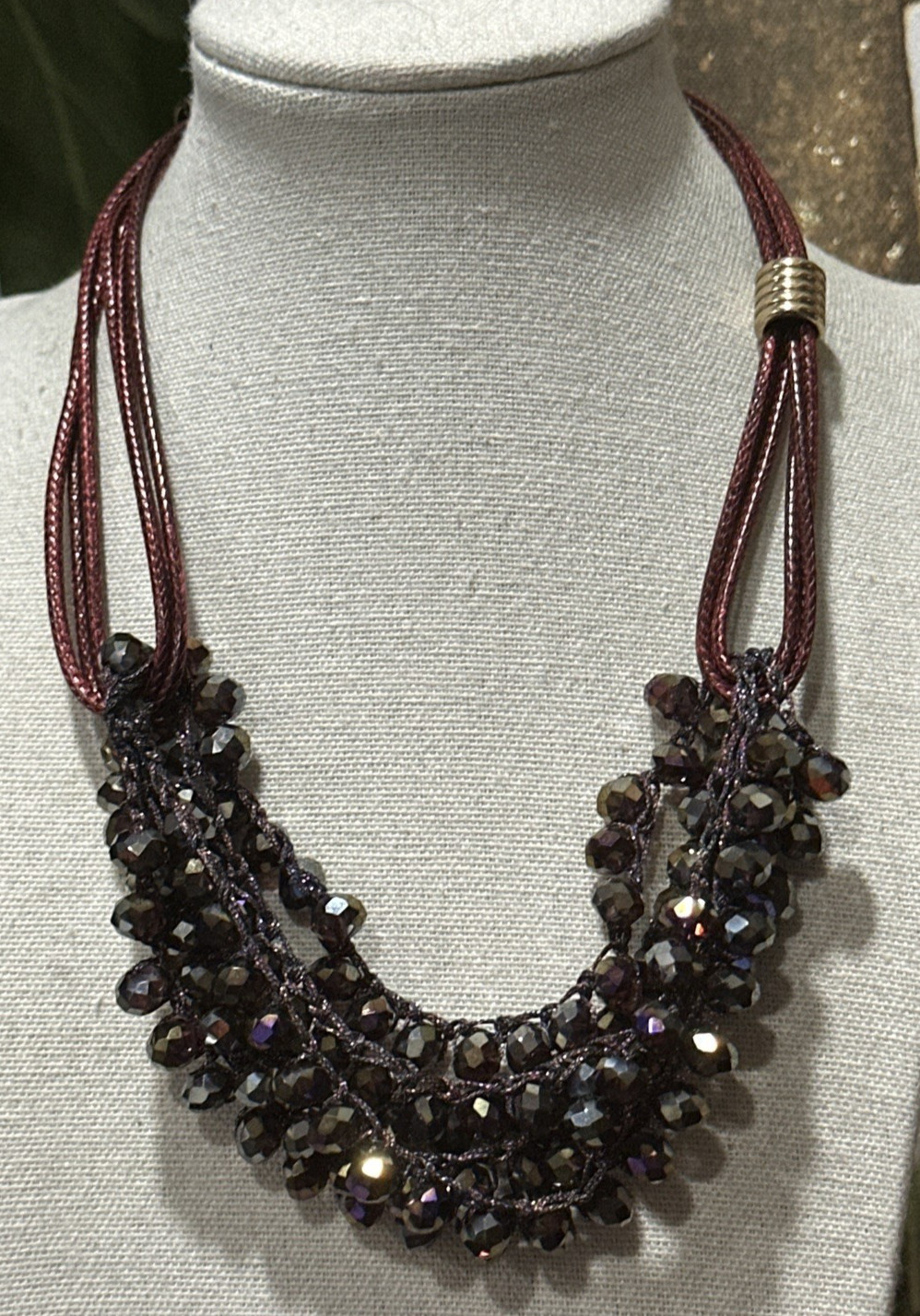 Faceted Purple Beaded Statement Necklace Burgundy Cord Gold Tone 18” Adjustable