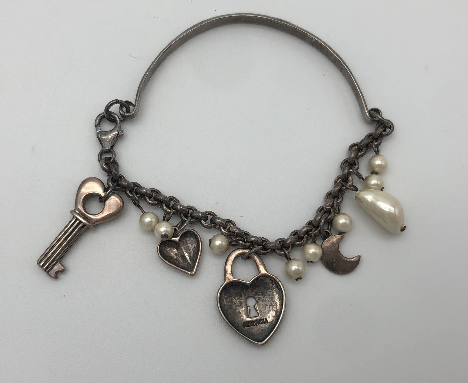 Vintage Sterling Silver Heart And Key Charm Bracelet Marcasite Stones Faux Pearl