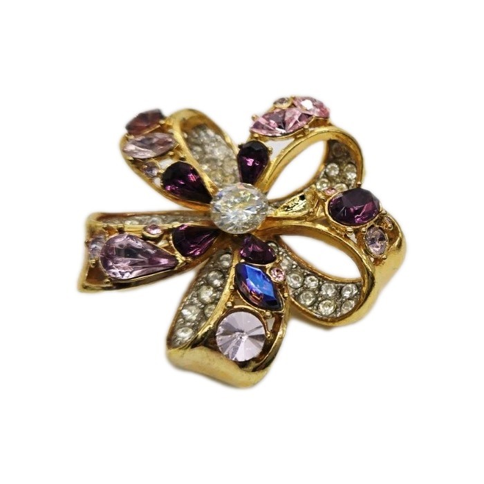 NOLAN MILLER Flower Brooch Gold Tone Purple Pink White Crystal 2 in