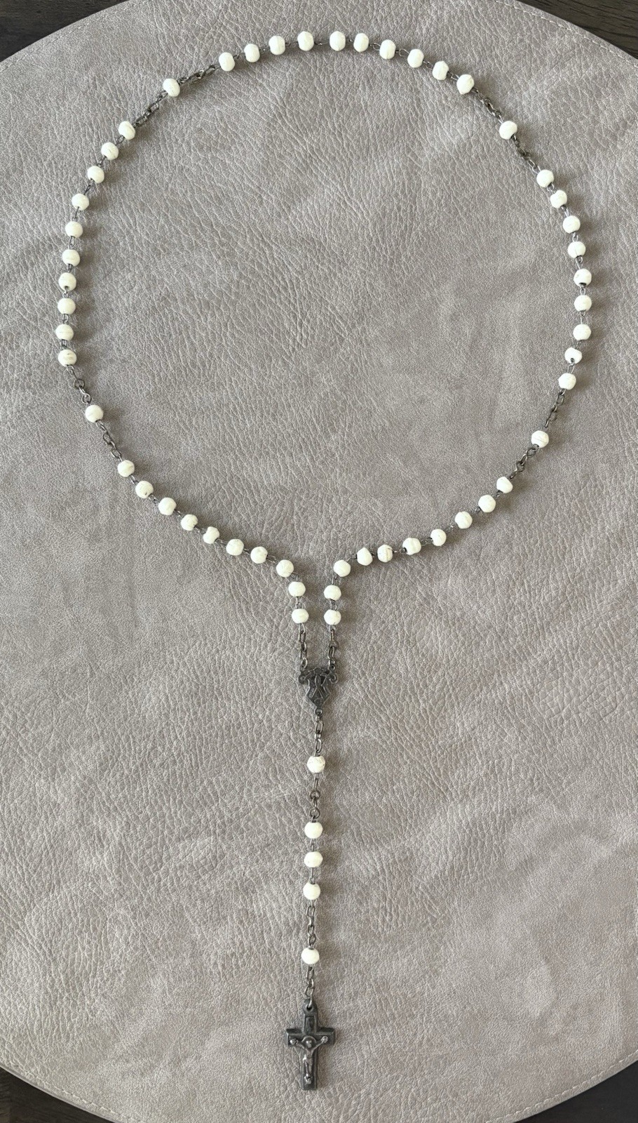 Rosary Alpaca Silver Necklace Crucifix VINTAGE 1900-1950s White Glass Beads