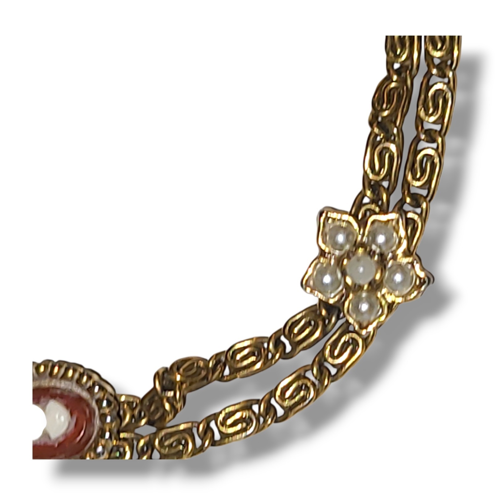 Vintage Goldette NY Cameo Charm Bracelet Double Chain Faux Pearl 7.25″