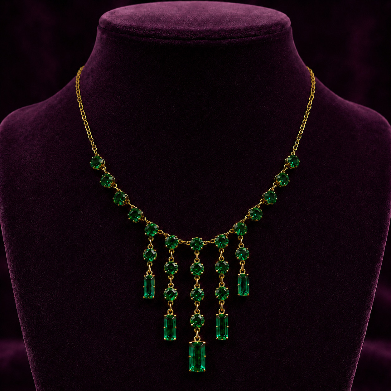 Vintage Art Deco Revival Green Glass Festoon Bib Necklace Gold Tone Fringe Drops