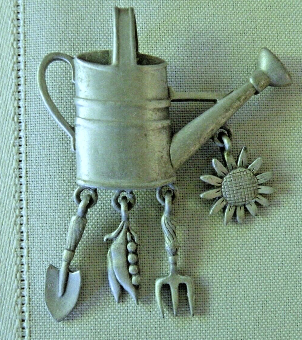 Vtg. JJ Jonette Silver Tone Garden Theme Tools, Watering Can, Flower, Dangle Pin