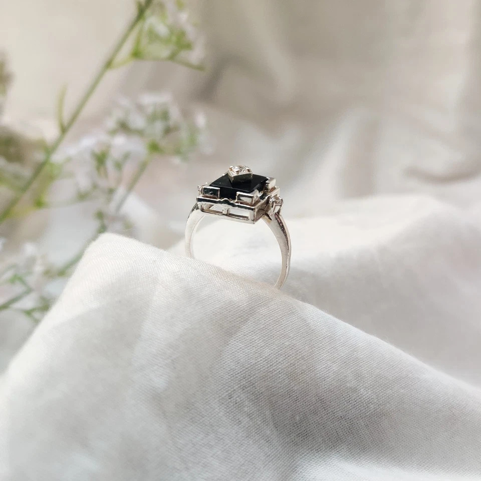 Antique Art Deco Vintage Black Onyx & Lab-Created Diamond Gift Ring 925 Silver