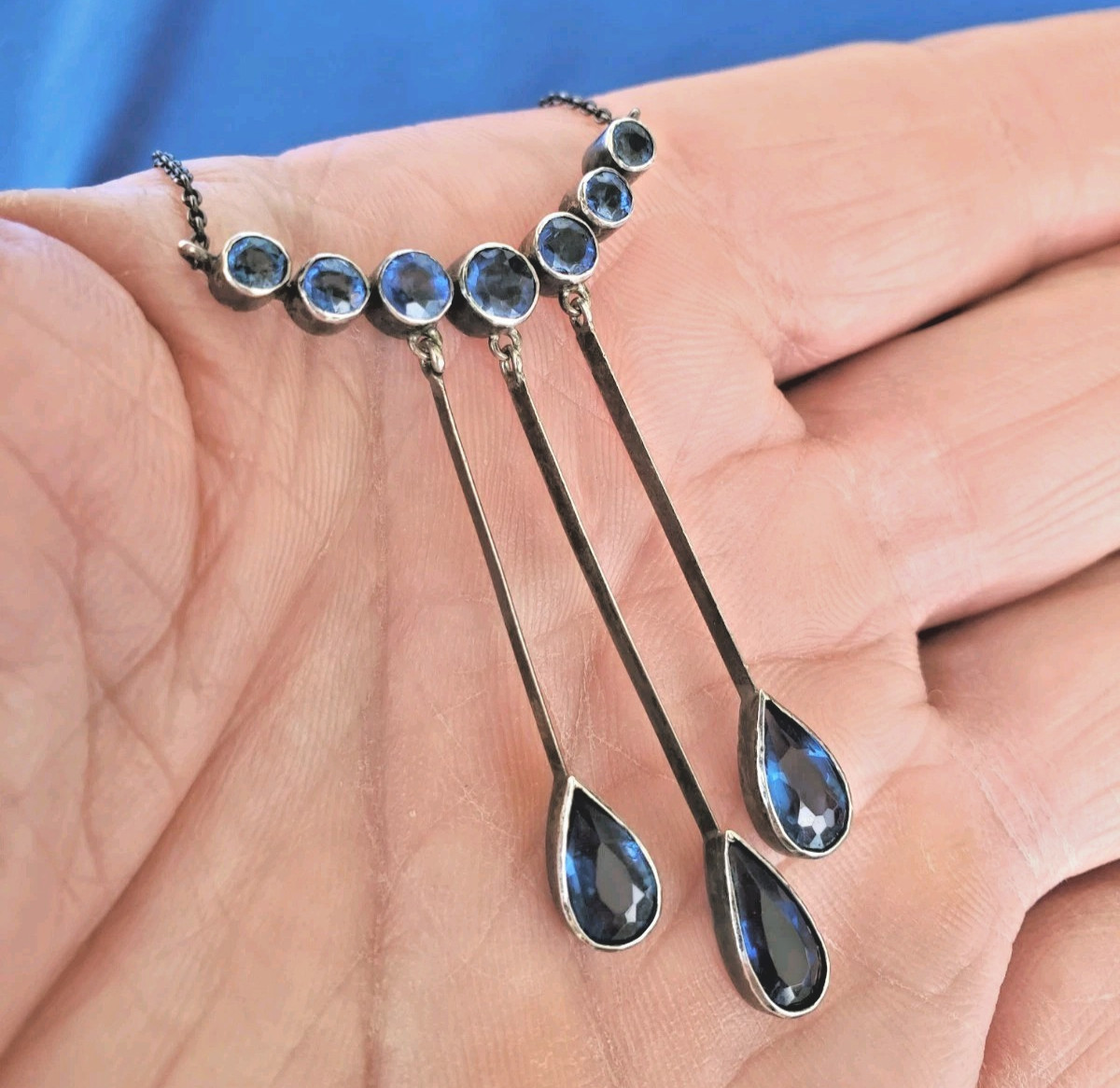 Original STERLING SILVER 925 Deco Modernist Rare Necklace Vintage Sapphire Paste