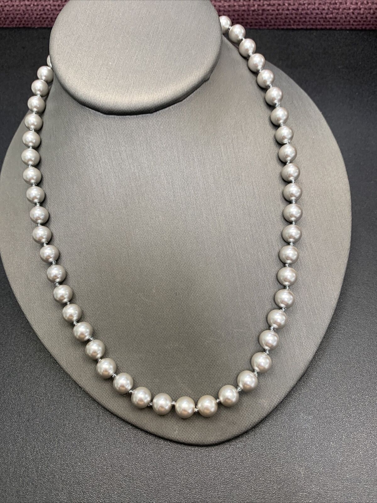 Vintage Signed Monet Grey Silver Hand Knotted Glass Pearl Necklace Long 20”