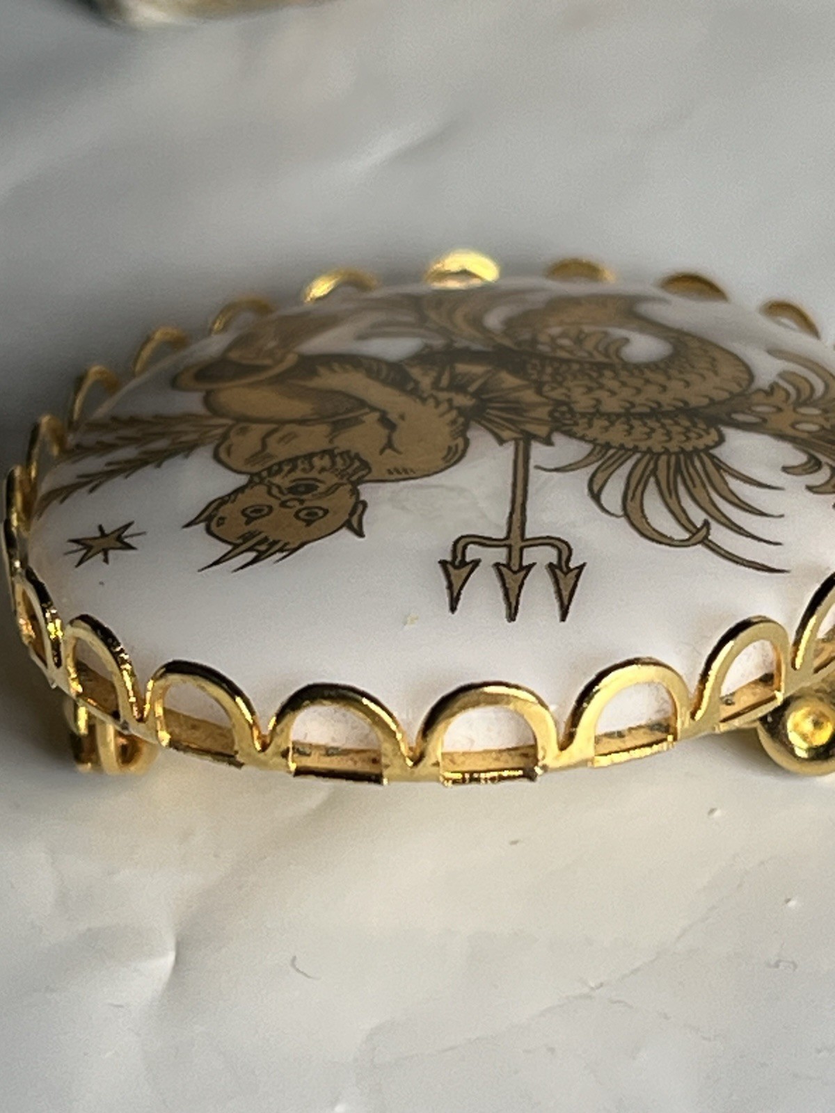 Vintage king Neptune Poseidon merman damascene Resin metal brooch 1-5/8”