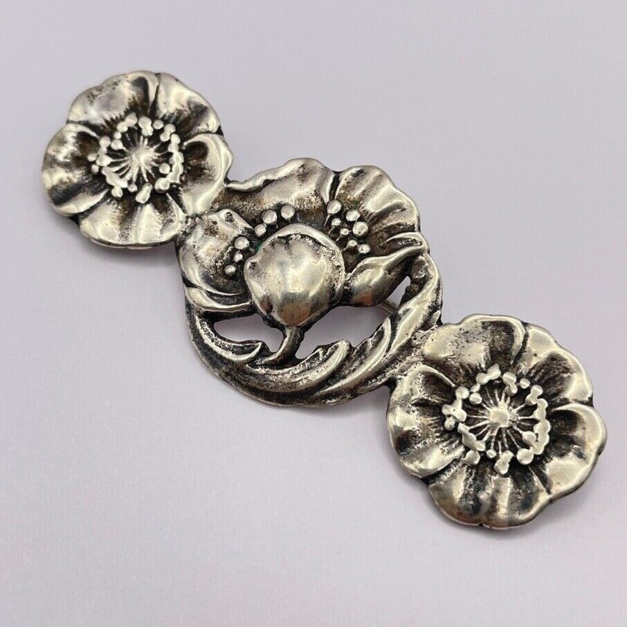 Vintage Sterling Silver Art Nouveau Poppy Flower Brooch Pin Sterling Repousse
