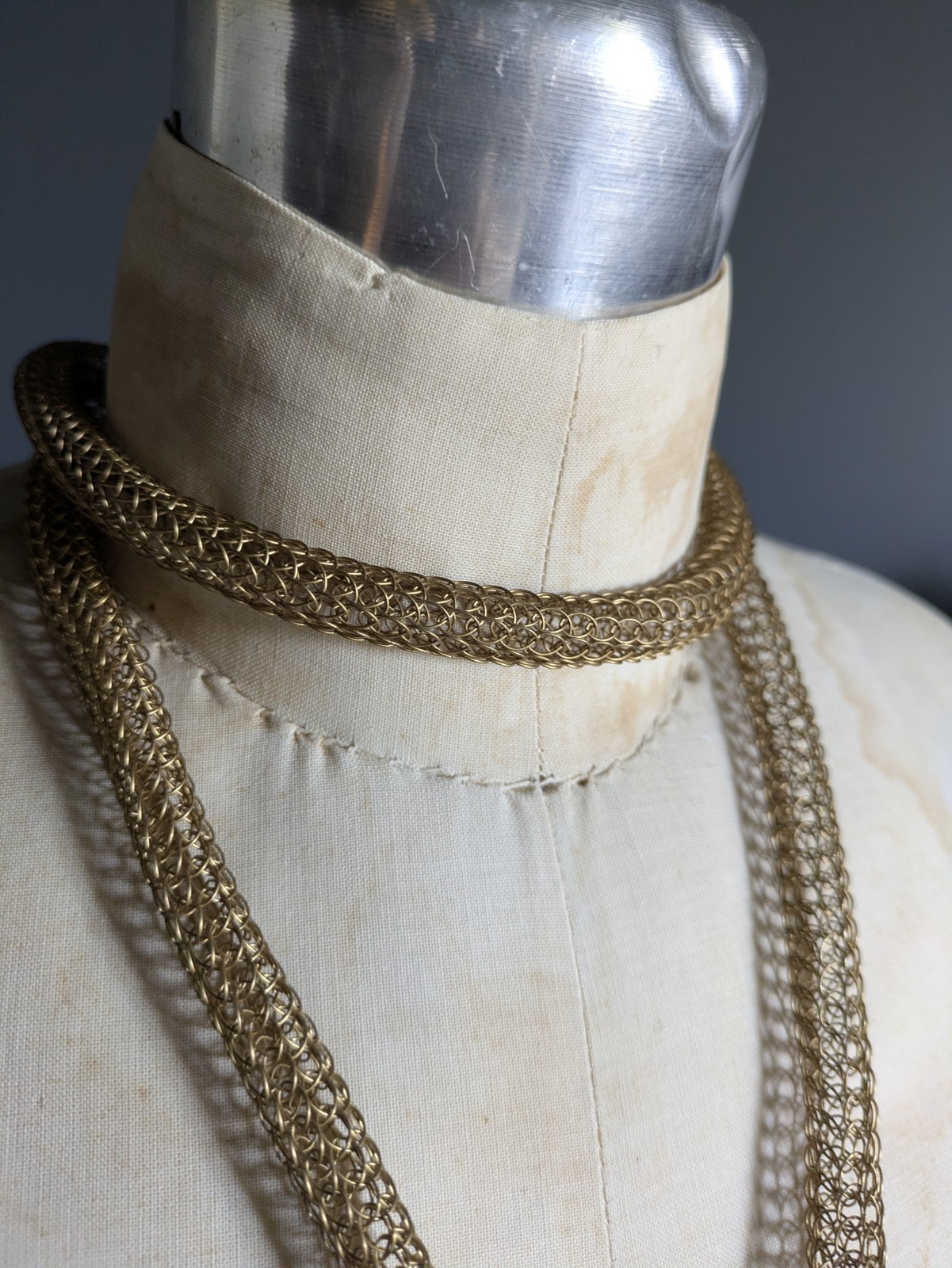 Vintage Brass Gold Tone Mesh Knitted Metal Wire Tassel Necklace Or Belt 55″