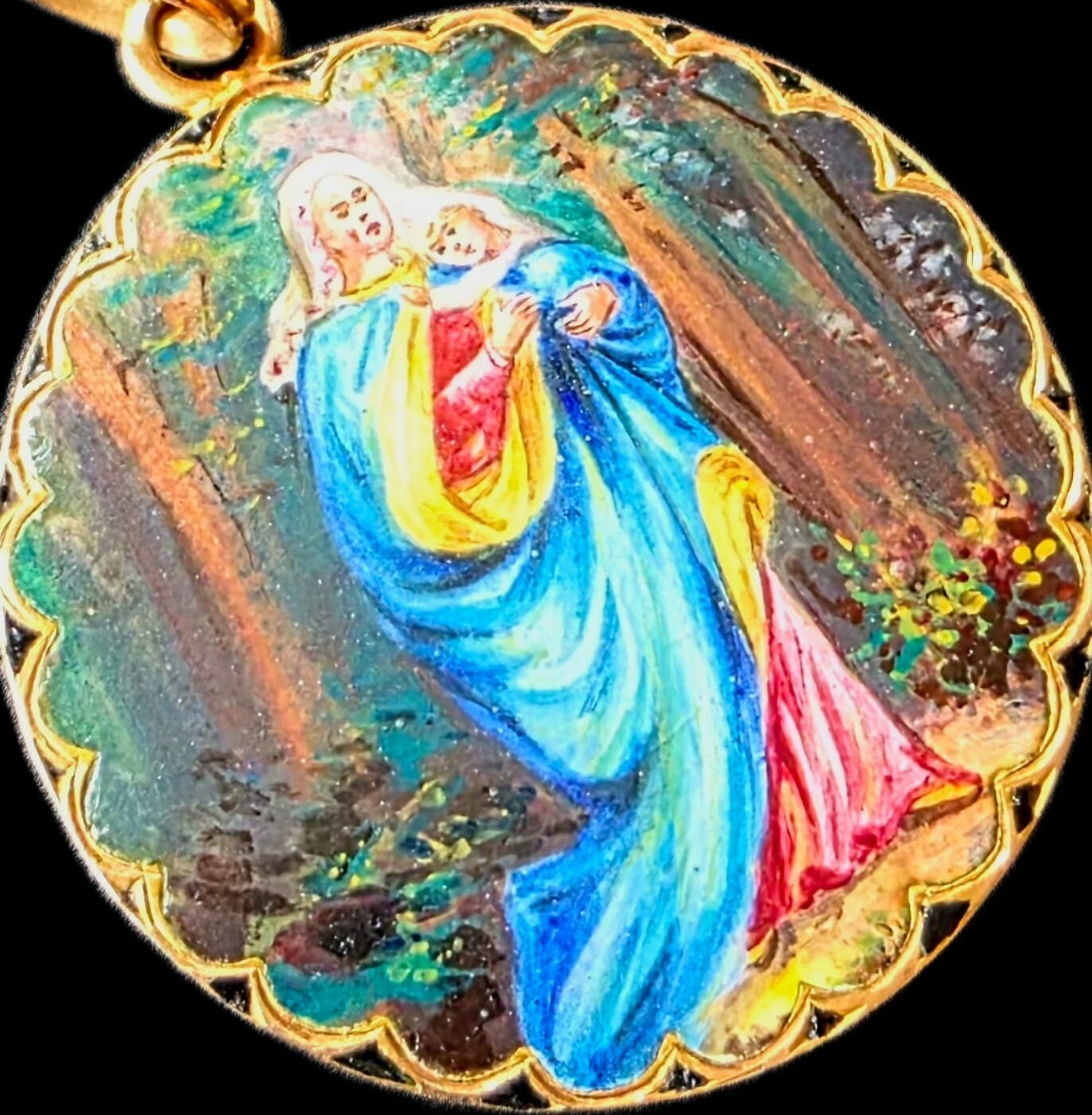 Fine Antique European Art Nouveau 18K Gold Enamel Madonna Medal Pendant Ca 1900