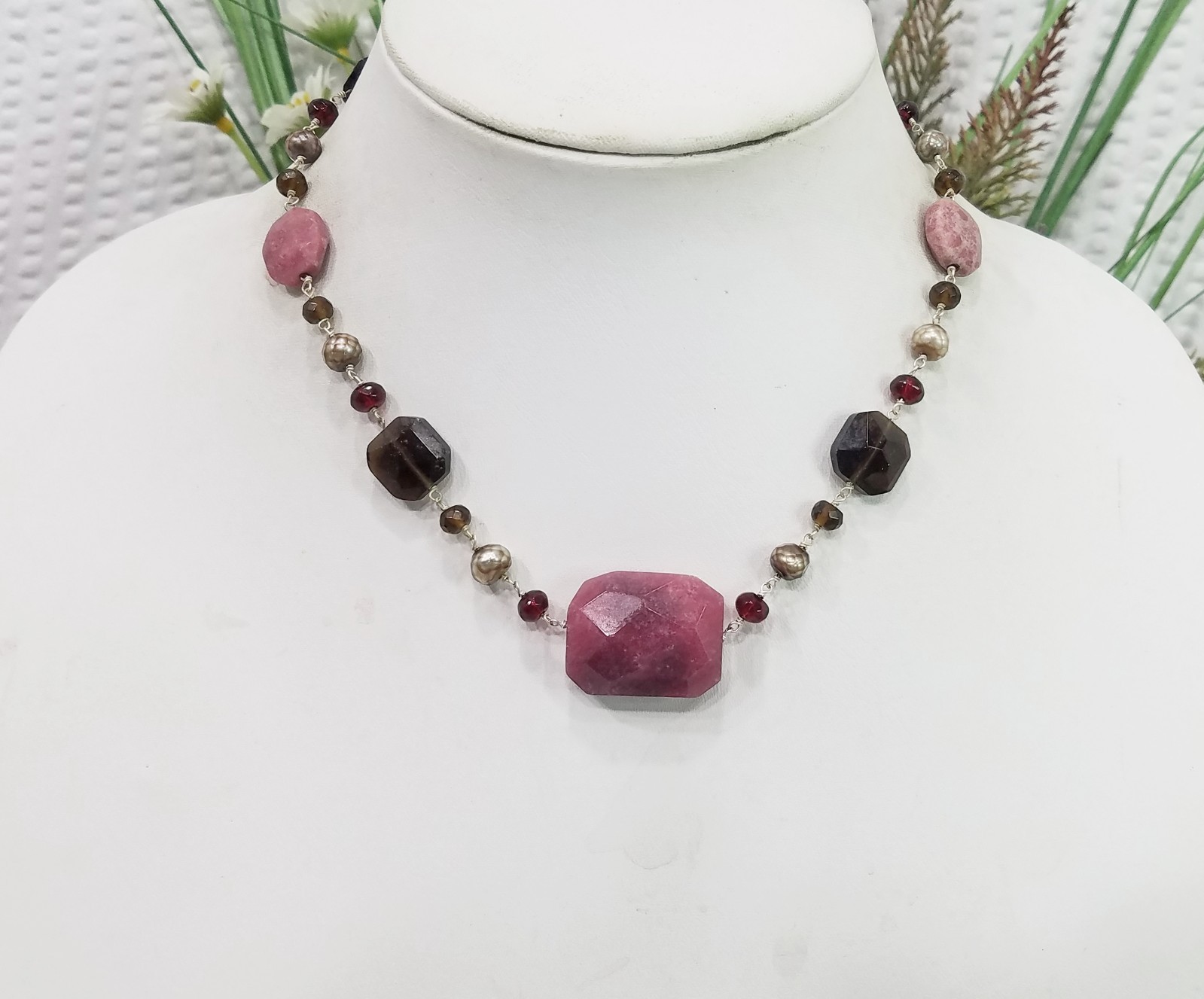 Vintage Muted Pink Faceted Jasper & Brown Crystal Rosary Style Choker Necklace
