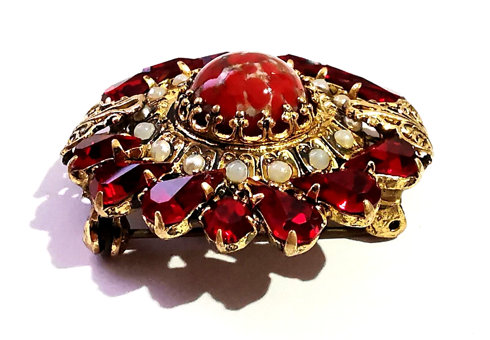 Vintage Czech Red Glass Brooch Pin Gilded Brass Faux Pearls Central Art Glass