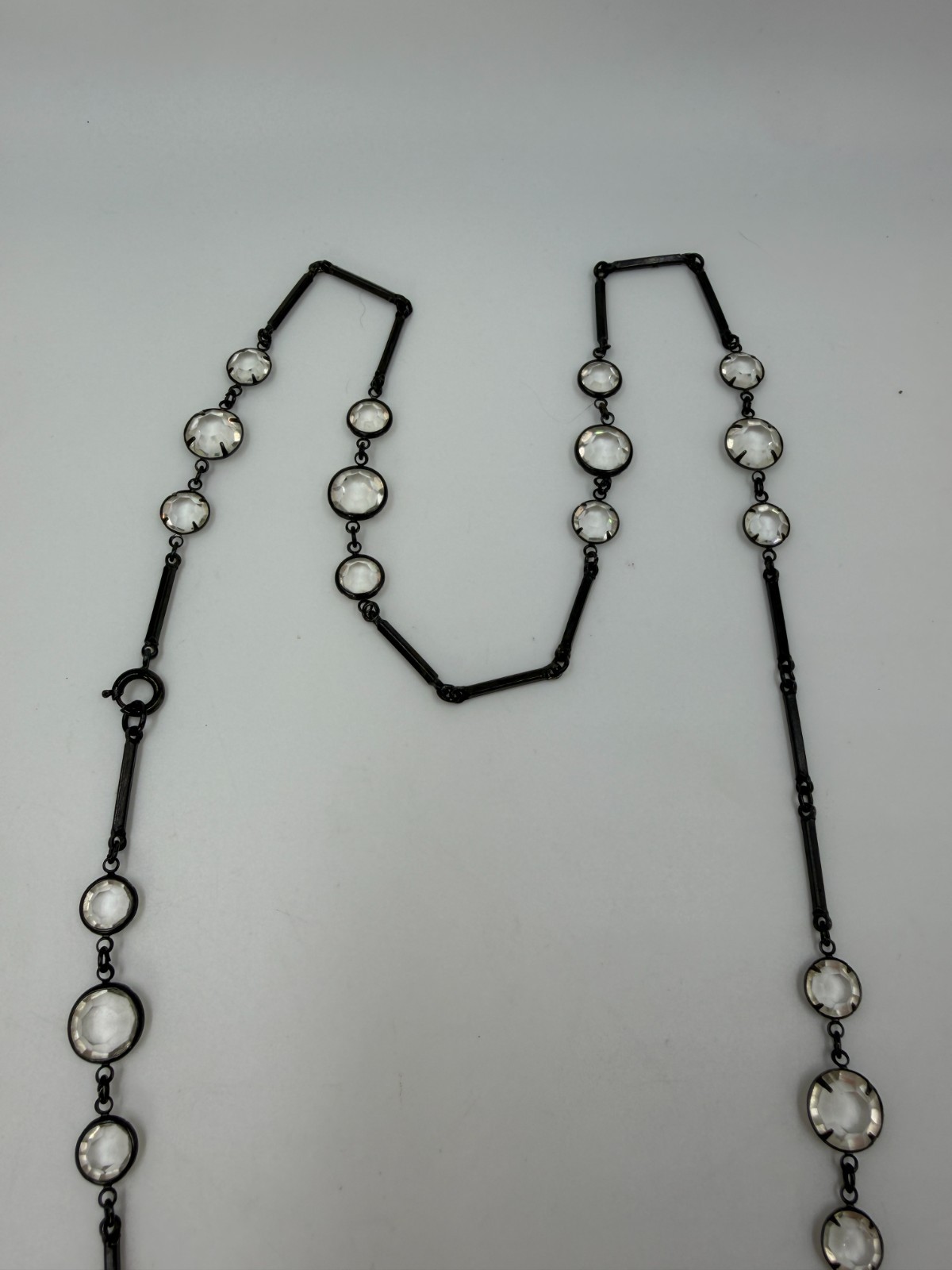 Vintage Necklace Crystal Black Link Rhinestone Bezel Estate 68 inches PJ