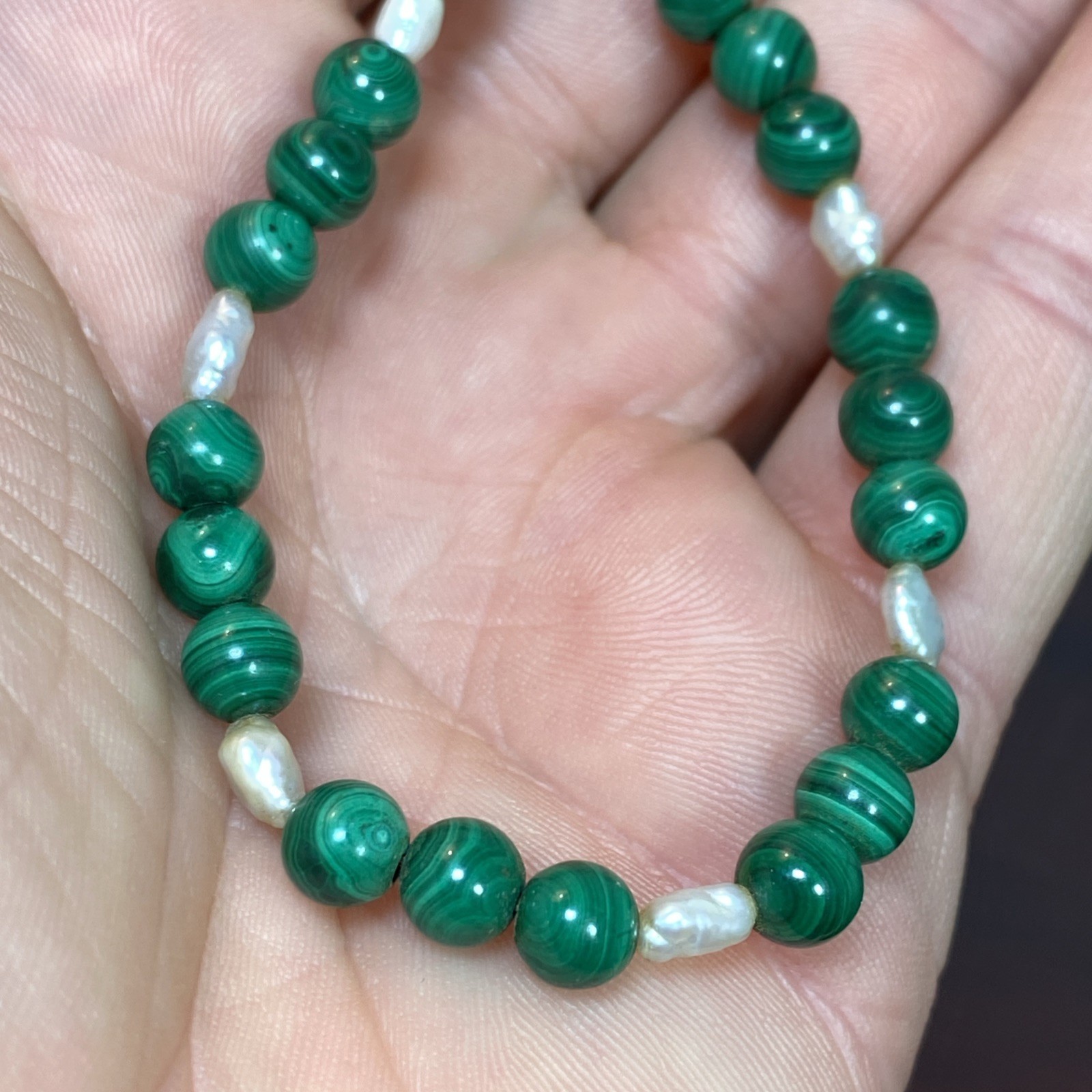 VTG Round Malachite Beads (No Clasp) Fresh Water Pearls Segment Bracelet 6-3/8”