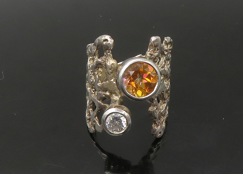 925 Silver Vintage Cubic Zirconia & Citrine Sculpted Band Ring Sz 8.5 RG22387
