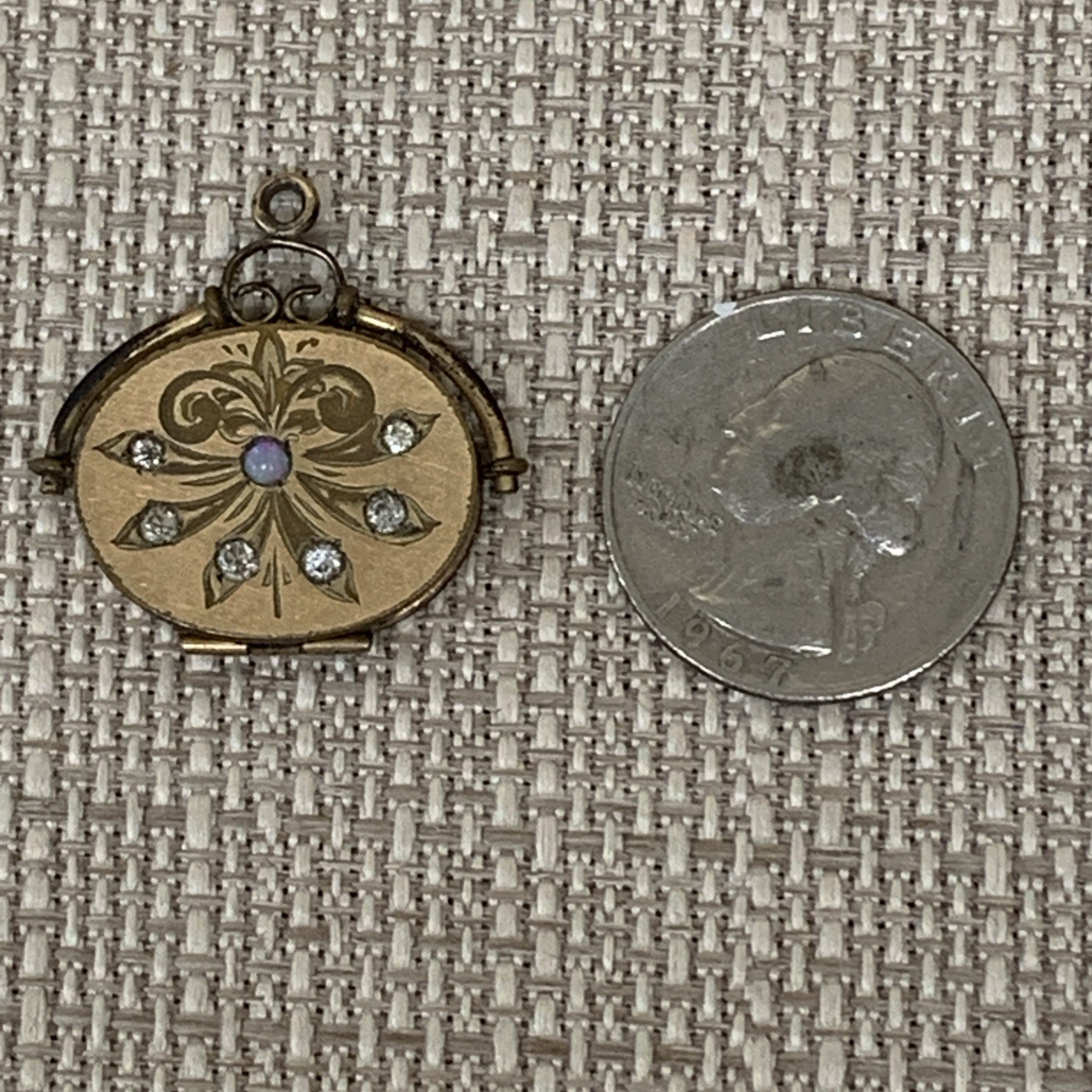 Antique Victorian French Gold Filled Engraved Oval Paste & Opal Locket Pendant